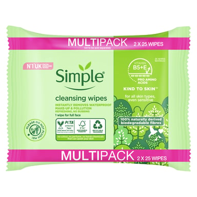 SIMPLE FACE WIPES KIND TO SKIN BIODEGRADABLE 25 TWIN PACK