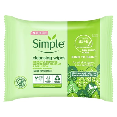 SIMPLE FACE WIPES KIND TO SKIN BIODEGRADABLE 25 PACK