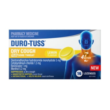 DURO-TUSS DRY COUGH PLUS SORE THROAT LEMON 16 LOZENGES