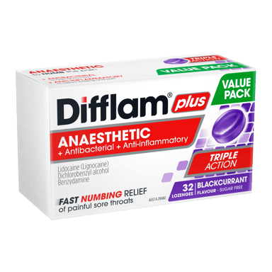 Difflam Plus Triple Action Blackcurrant 32 Lozenges