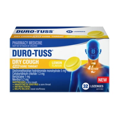 DURO-TUSS DRY COUGH PLUS SORE THROAT LEMON 32 LOZENGES