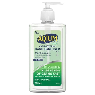 AQIUM ANTIBACTERIAL H/SANITISER GEL ALOE 375ML GREEN