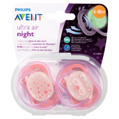 AVENT SOOTHER ULTRA AIR NIGHT GLOW 6-18MTHS+ 2 PACK
