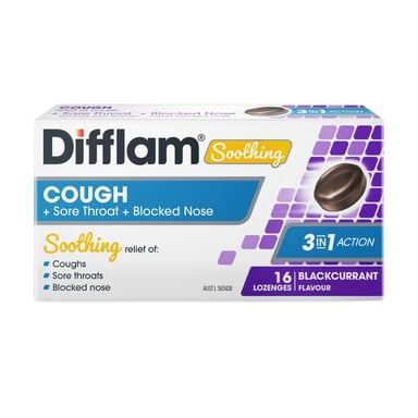 DIFFLAM SOOTHING COUGH+SORE THROAT+BLOCKED NOSE BLACKCURRANT LOZENGES 16PK