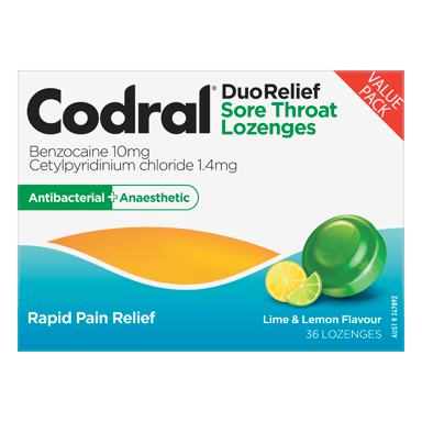 CODRAL DUO RELIEF SORE THROAT LIME AND LEMON 36 LOZENGES