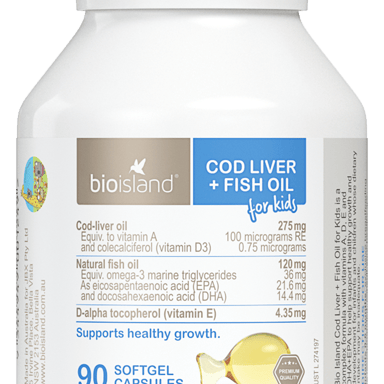 BIO ISLAND COD LIVER & FISH OIL FOR KIDS 90 CAPSULES