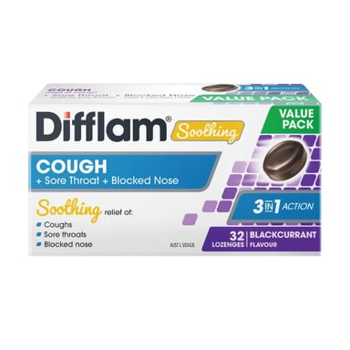 DIFFLAM SOOTHING COUGH+SORE THROAT+BLOCKED NOSE BLACKCURRANT 32 LOZENGES