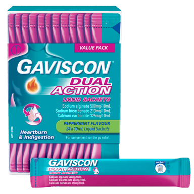 GAVISCON DUAL ACTION PEPPERMINT LIQUID 10ML SACHETS 24 PACK