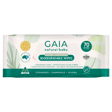 GAIA BABY WIPES NATURAL BIODEGRADABLE WATER + CERAMIDES 70 PACK