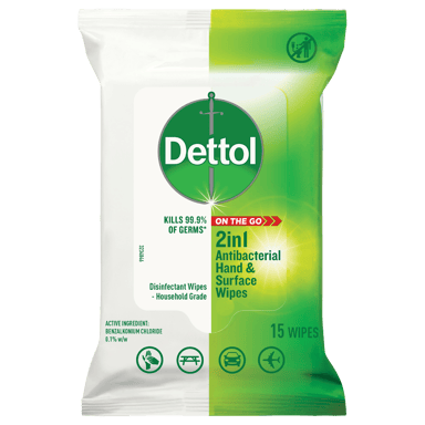 DETTOL 2IN1 HANDS & SURFACES ANTIBACTERIAL WIPES 15 PACK
