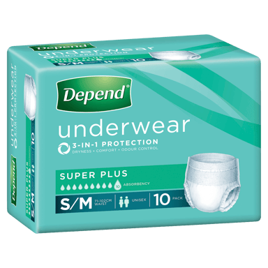 DEPEND INCONTINENCE UNDERWEAR 3-IN-1 PROTECTION SMALL/MEDIUM 10 PACK