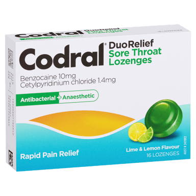 CODRAL DUO RELIEF SORE THROAT LIME AND LEMON 16 LOZENGES