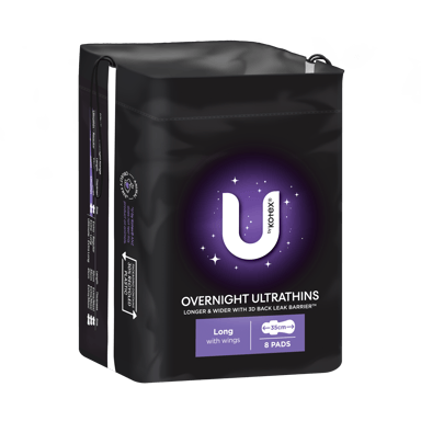 U BY KOTEX PADS ULTRATHIN OVERNIGHT LONG WINGS 8 PACK