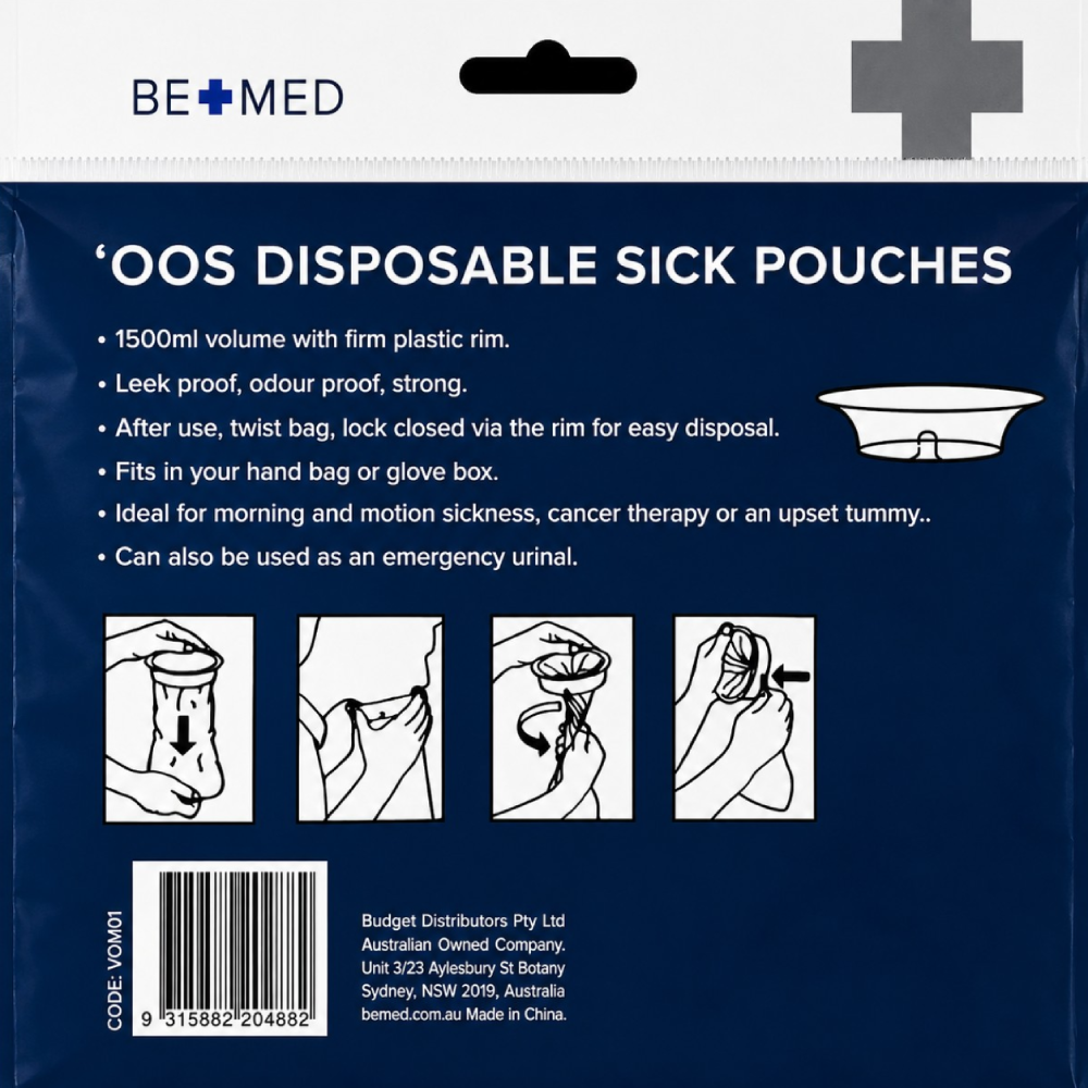 BE+MED VOMIT BAG WITH WIPES - 1500ML VOLUME 3 PACK - Image 2