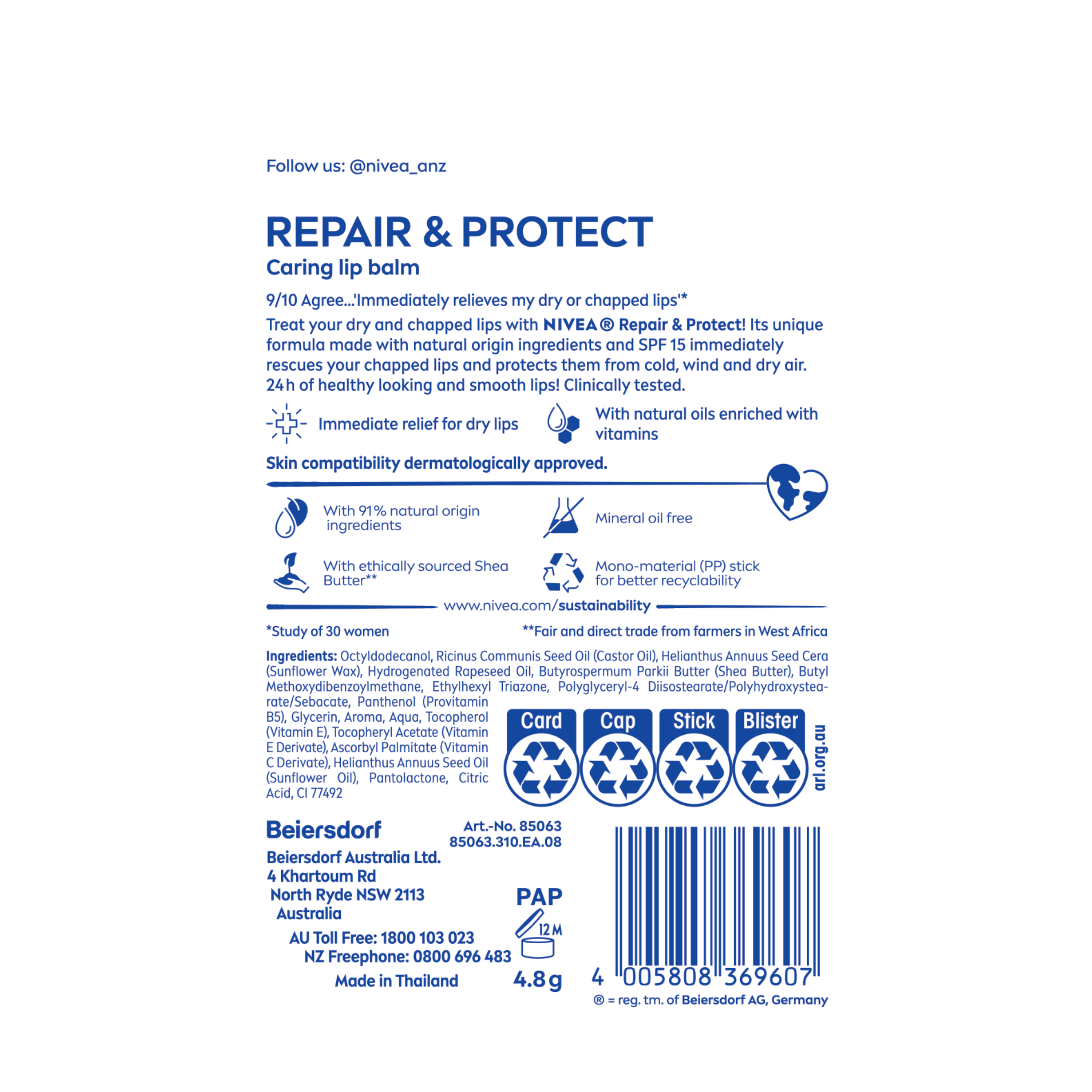 NIVEA LIP BALM STICK REPAIR & PROTECT SPF15+ 4.8G - Image 2