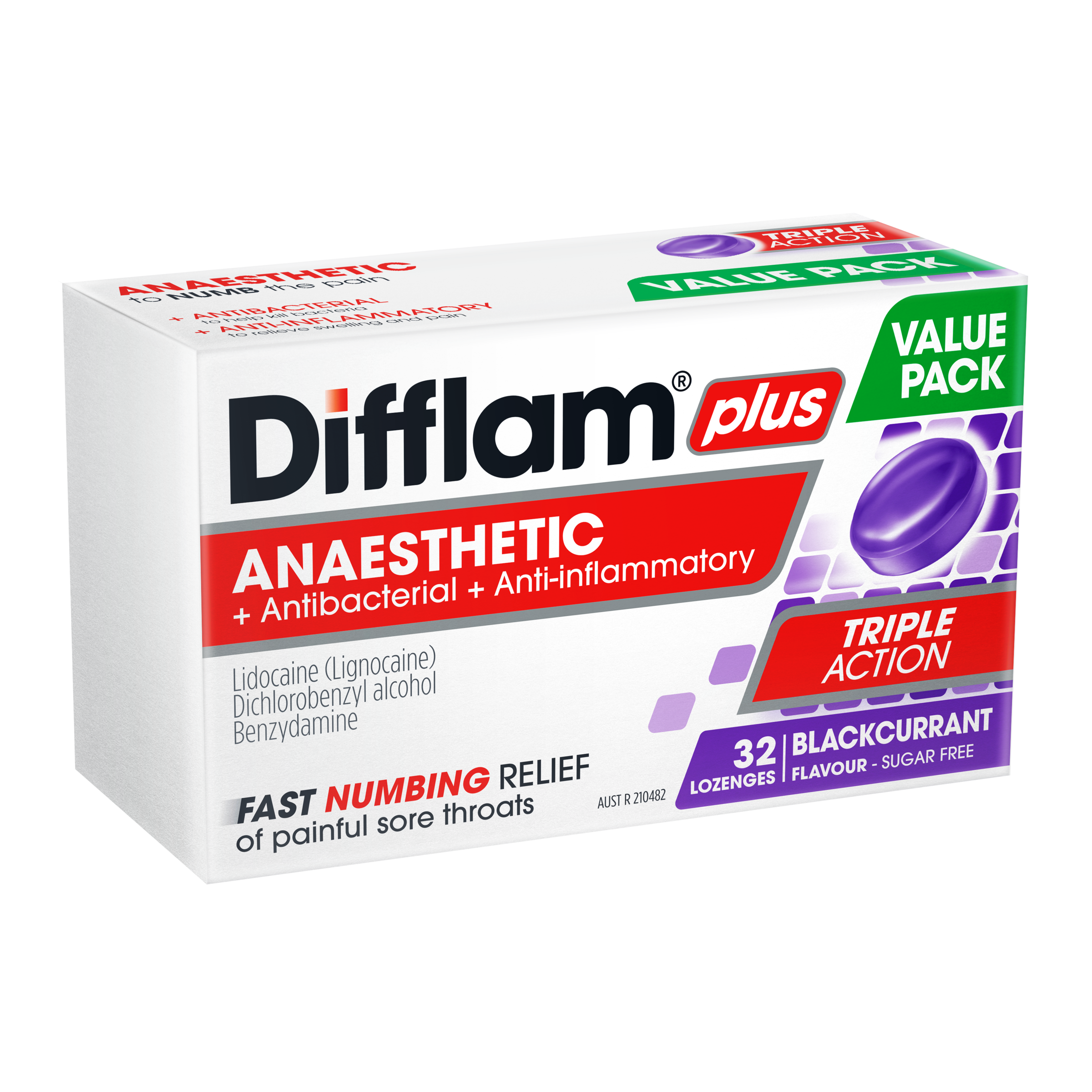 Difflam Plus Triple Action Blackcurrant 32 Lozenges