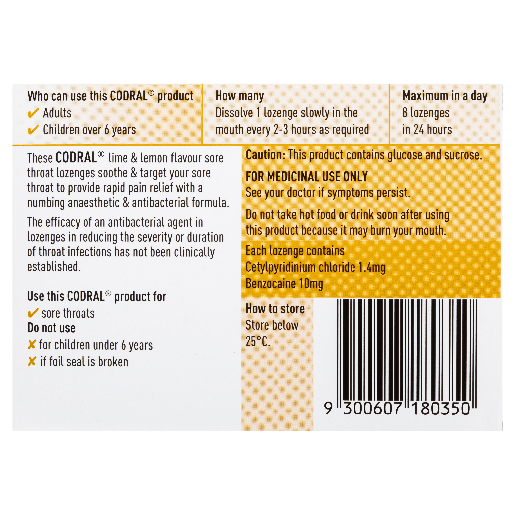 CODRAL DUO RELIEF SORE THROAT LIME AND LEMON 36 LOZENGES - Image 2