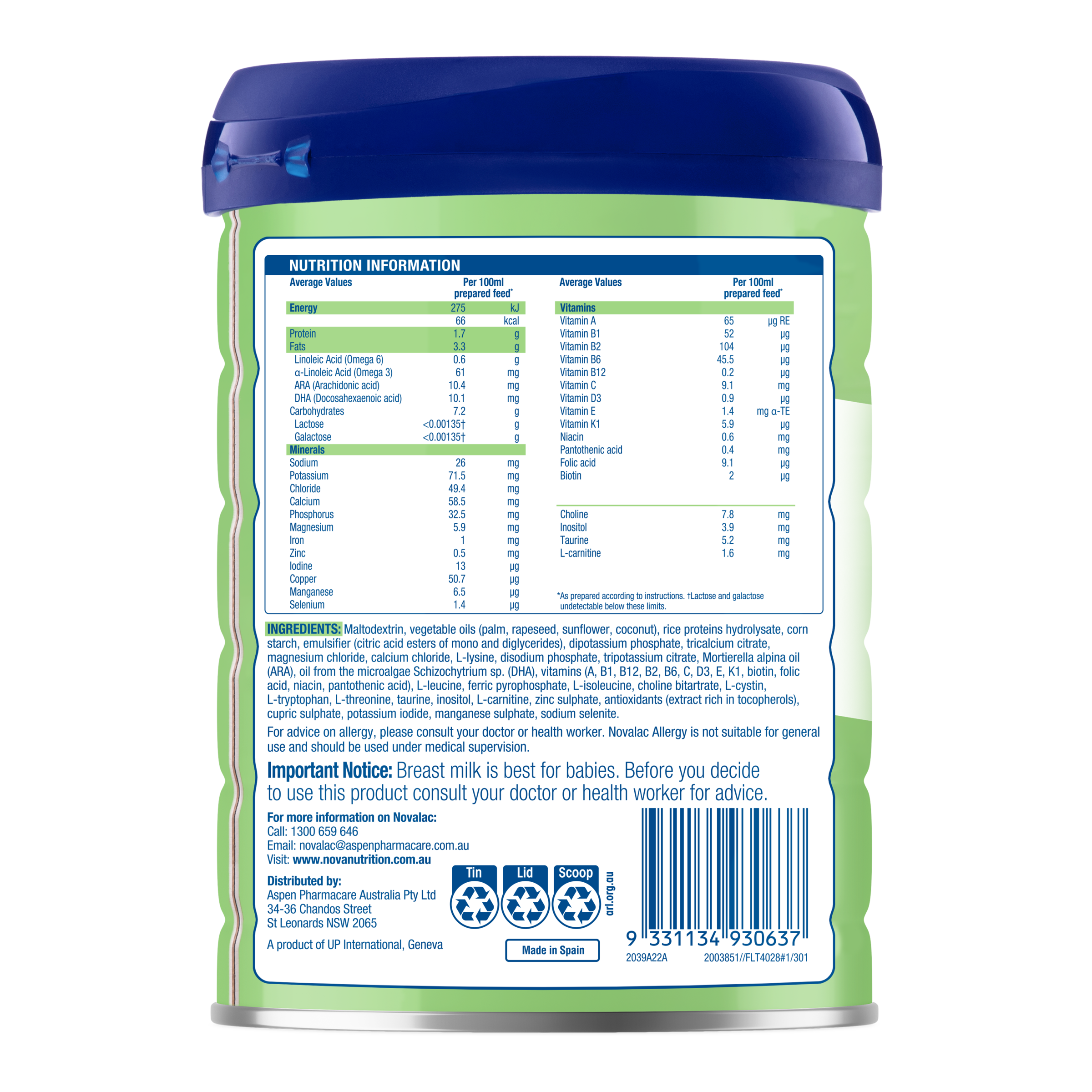 NOVALAC ALLERGY INFANT FORMULA 800G - Image 2