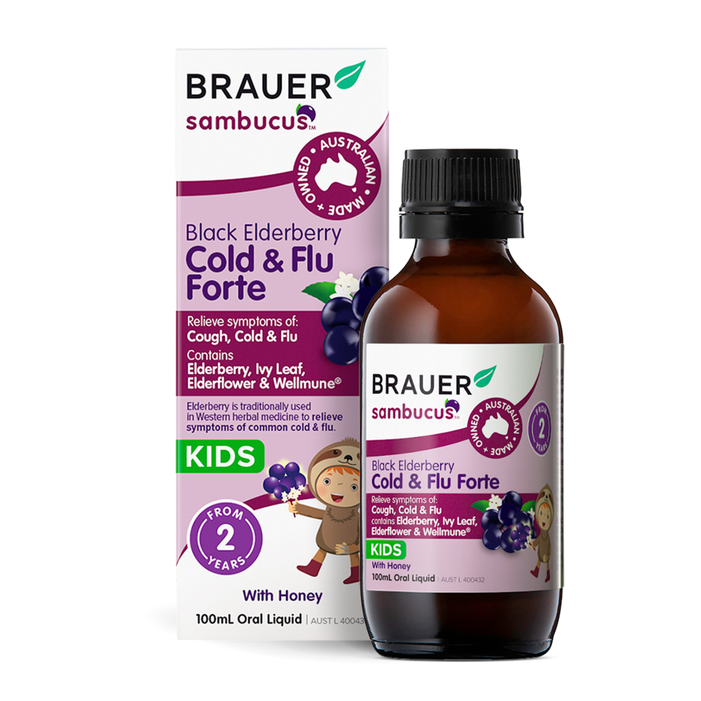 BRAUER SAMBUCUS COLD & FLU FORTE KIDS LIQUID 100ML - Image 2