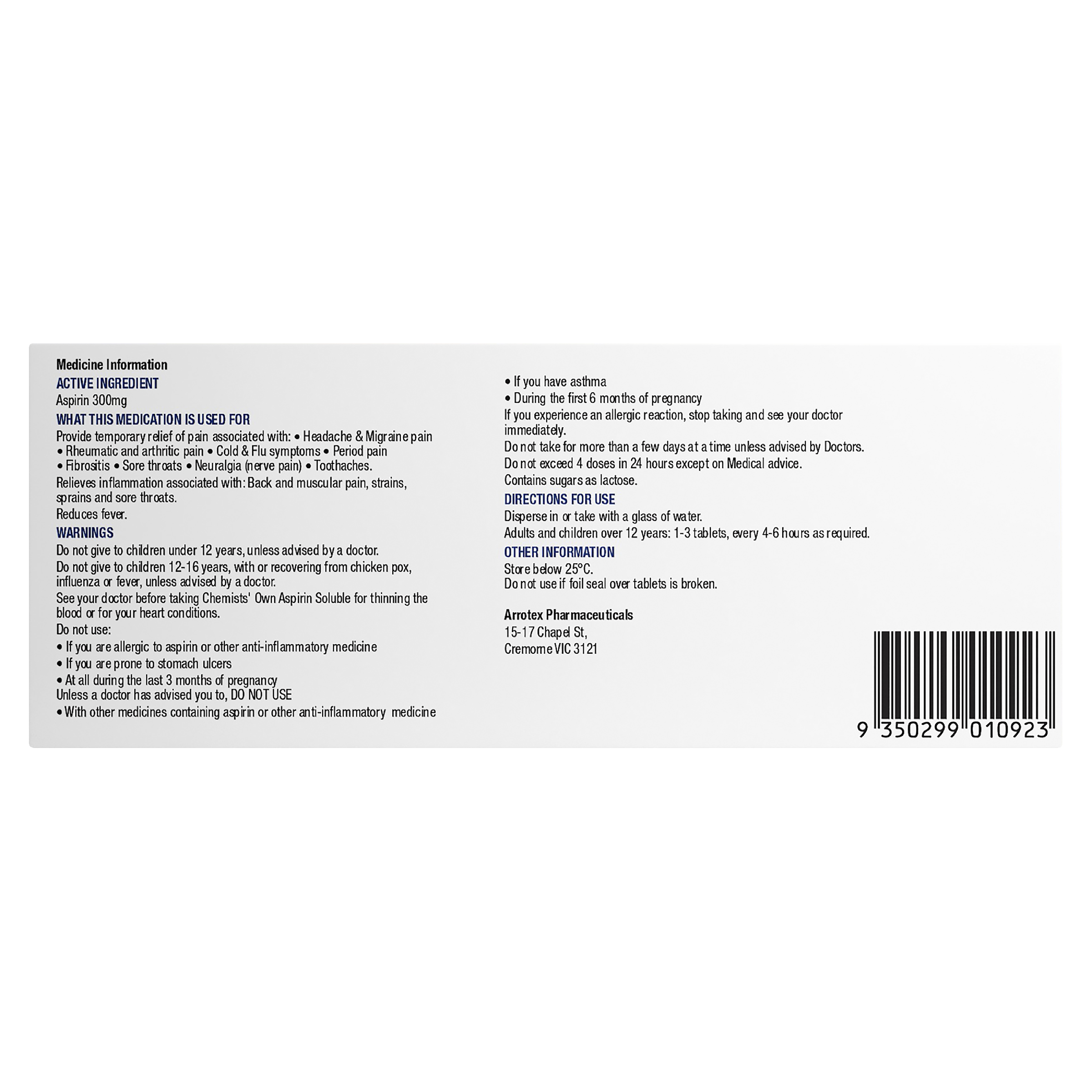 CHEMISTS OWN ASPIRIN 300MG 60 SOLUBLE TABLETS - Image 3