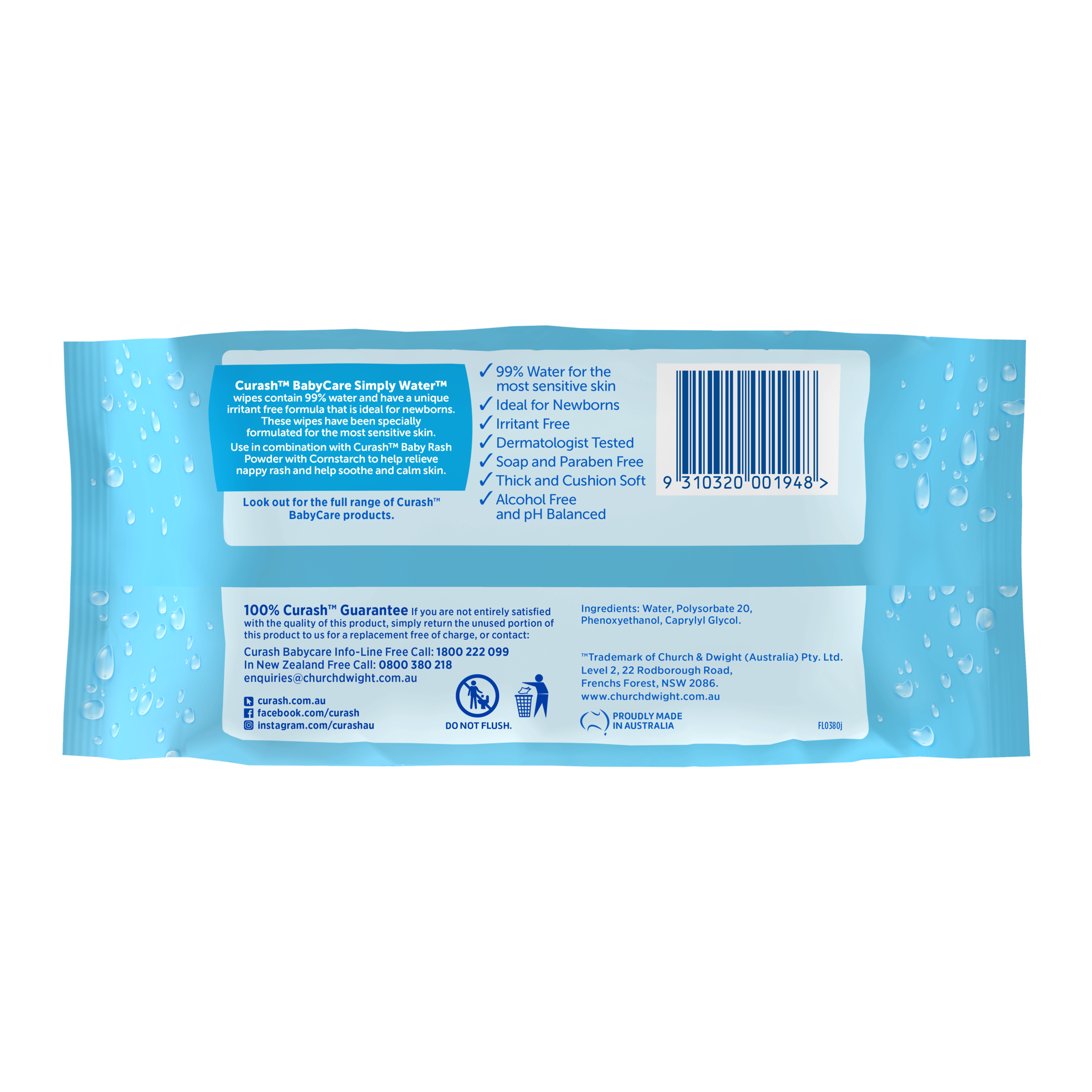 CURASH BABYCARE WIPES SIMPLY WATER 80 PACK - Image 2