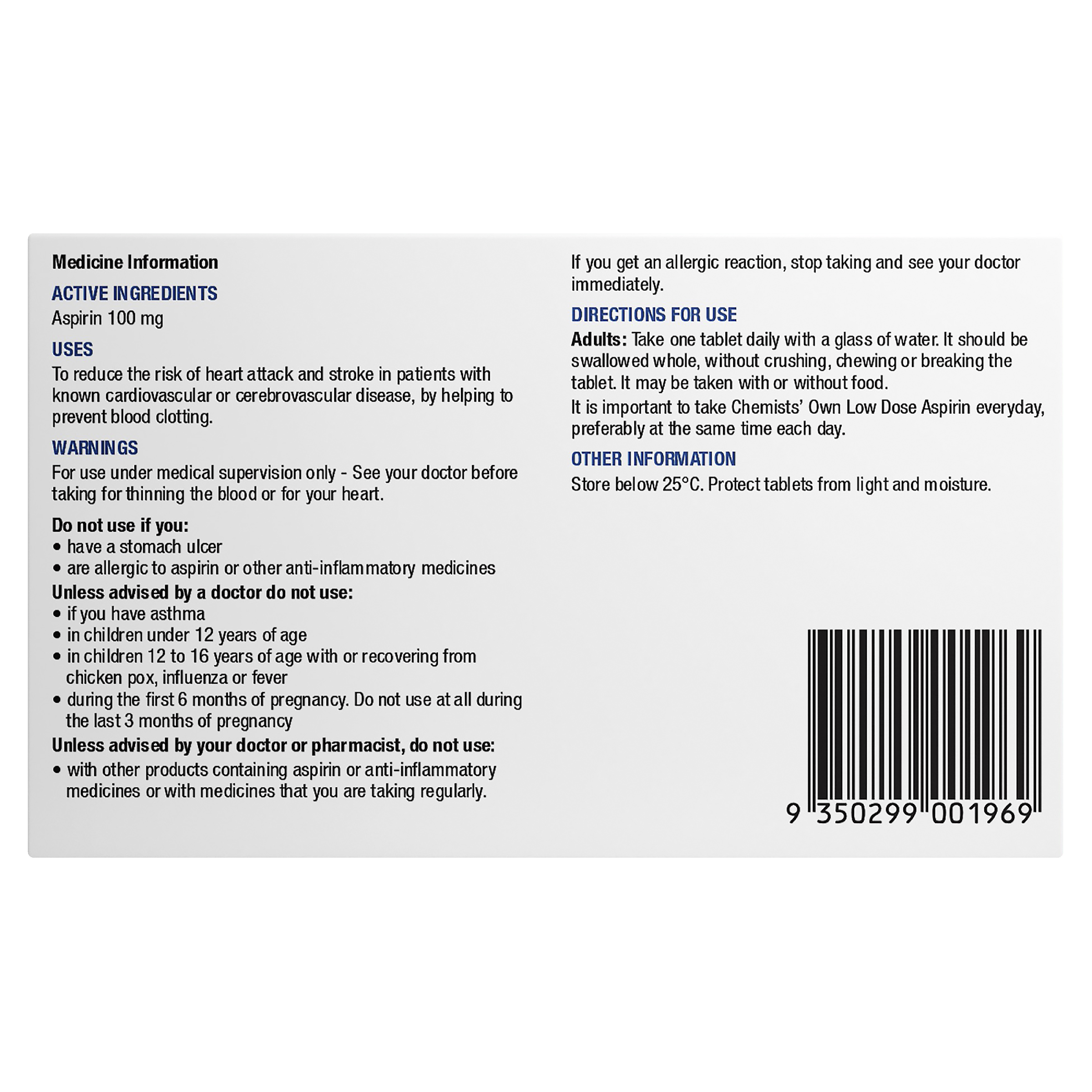 CHEMISTS OWN LOW DOSE ASPIRIN 100MG 28 TABLETS - Image 3