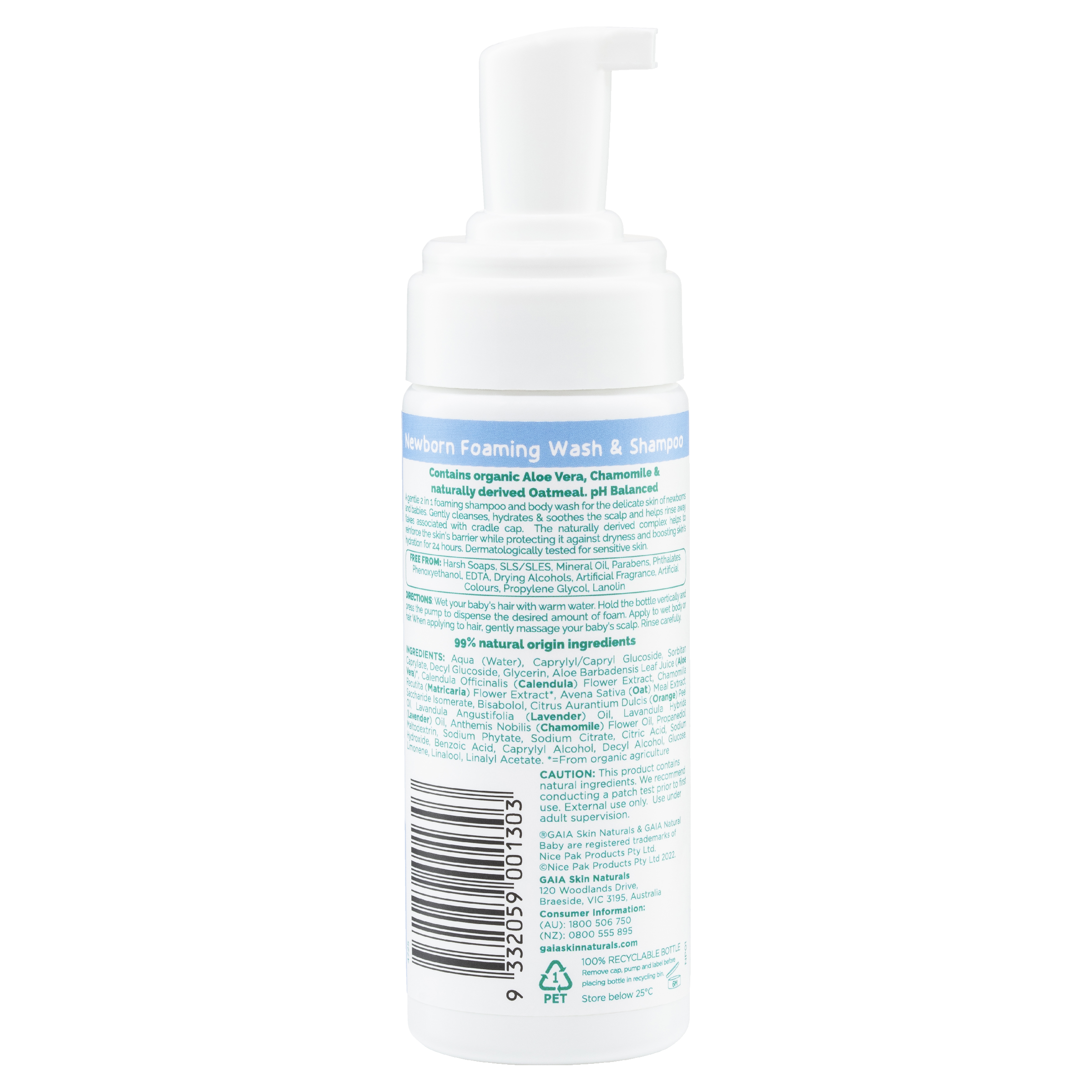 GAIA NATURAL BABY SHAMPOO & WASH FOAMING NEWBORN 150ML - Image 2