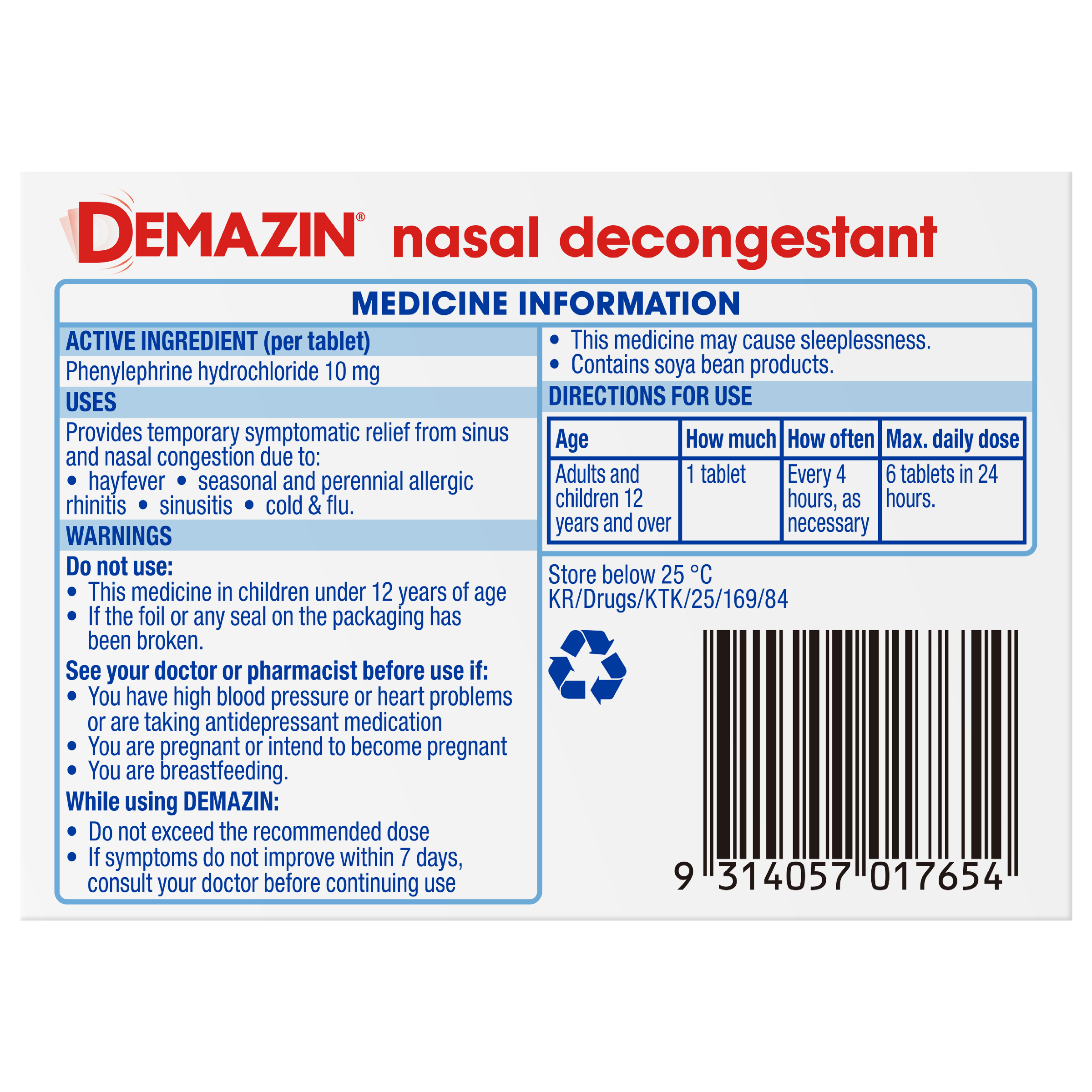 DEMAZIN NASAL DECONGESTANT 24 TABLETS - Image 2