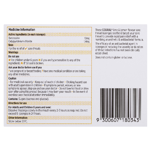 CODRAL DUO RELIEF SORE THROAT LIME AND LEMON 16 LOZENGES - Image 3