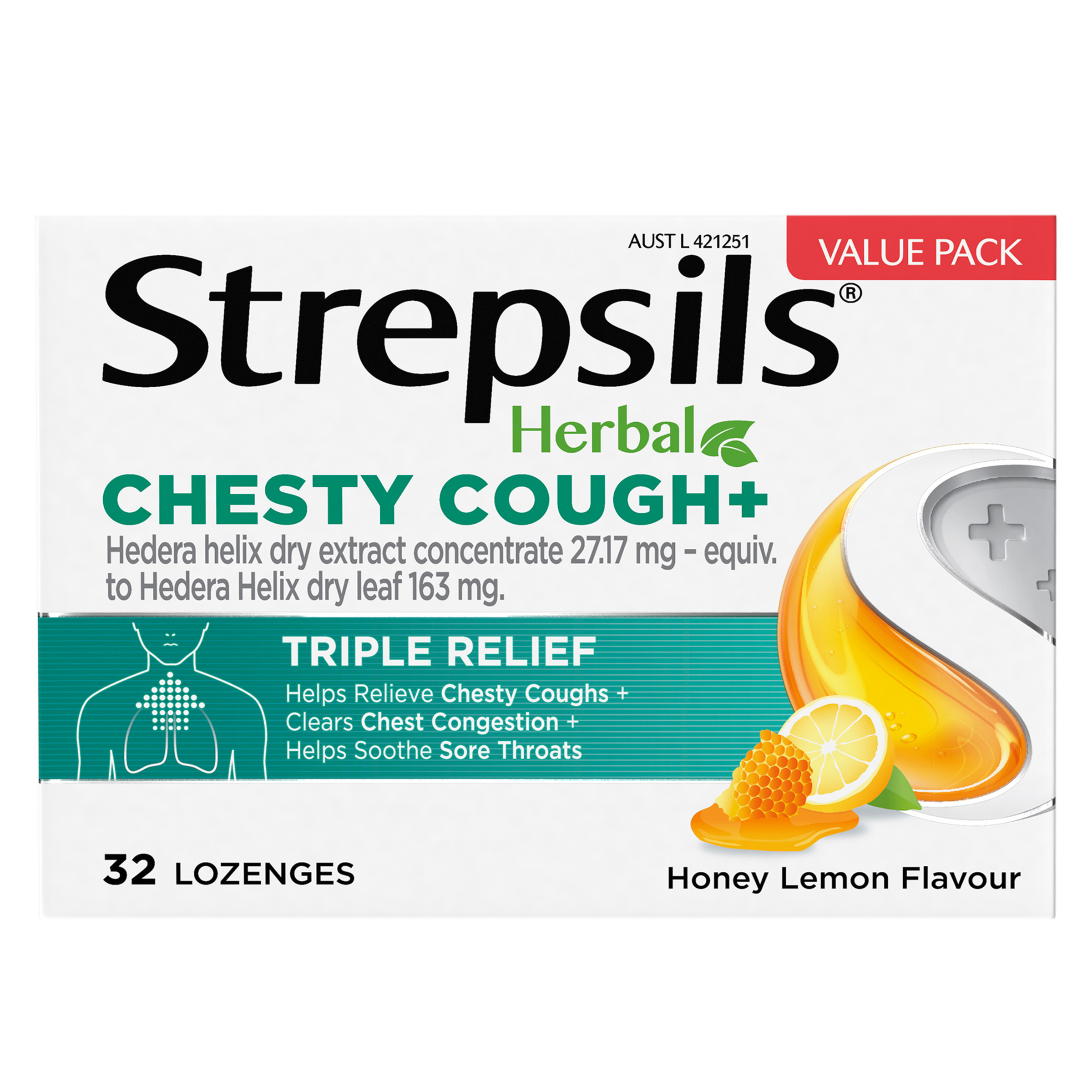 STREPSILS HERBAL CHESTY COUGH + HONEY LEMON 32 LOZENGES - Image 2