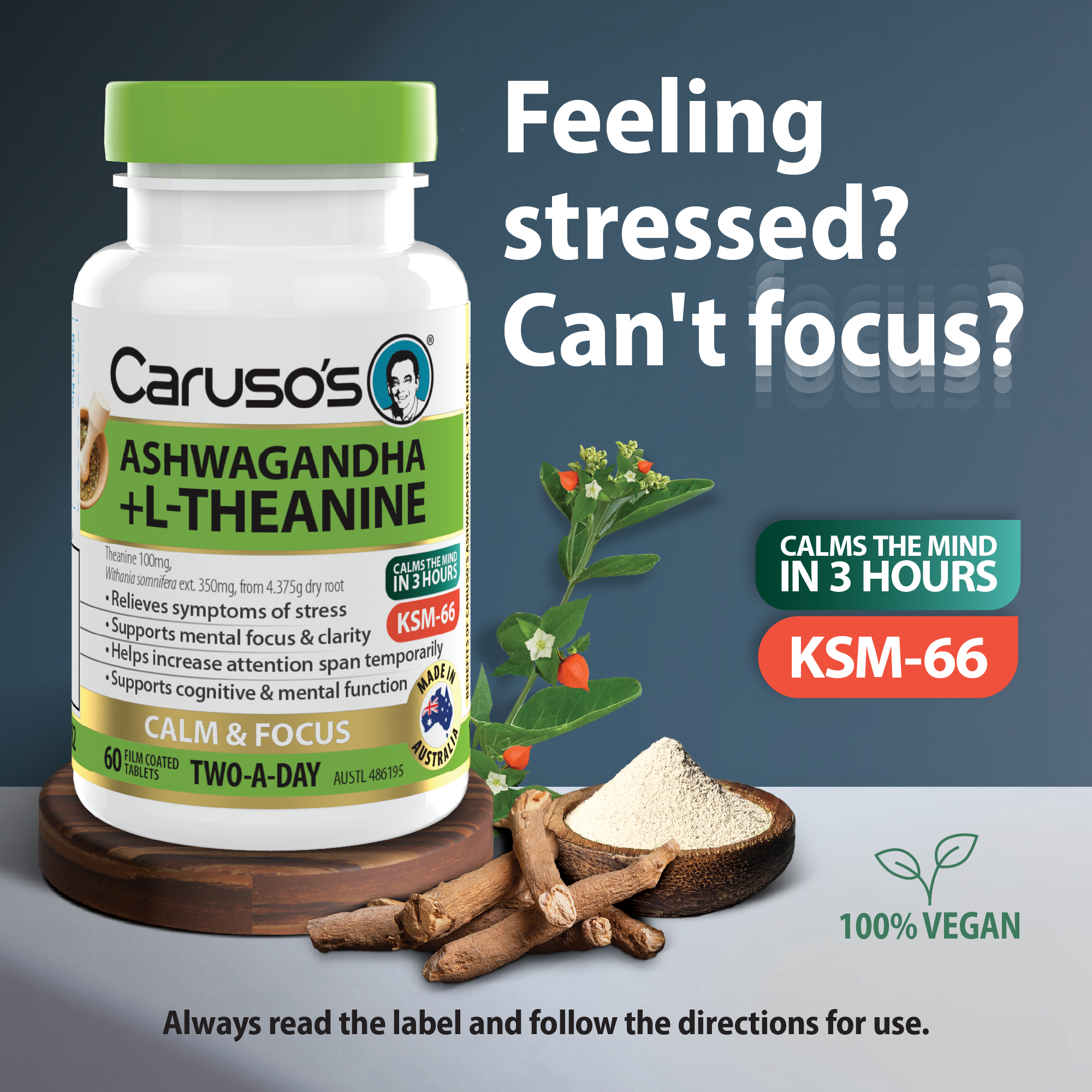 CARUSOS ASHWAGHANDA + L-THEANINE 60 TABLETS - Image 2