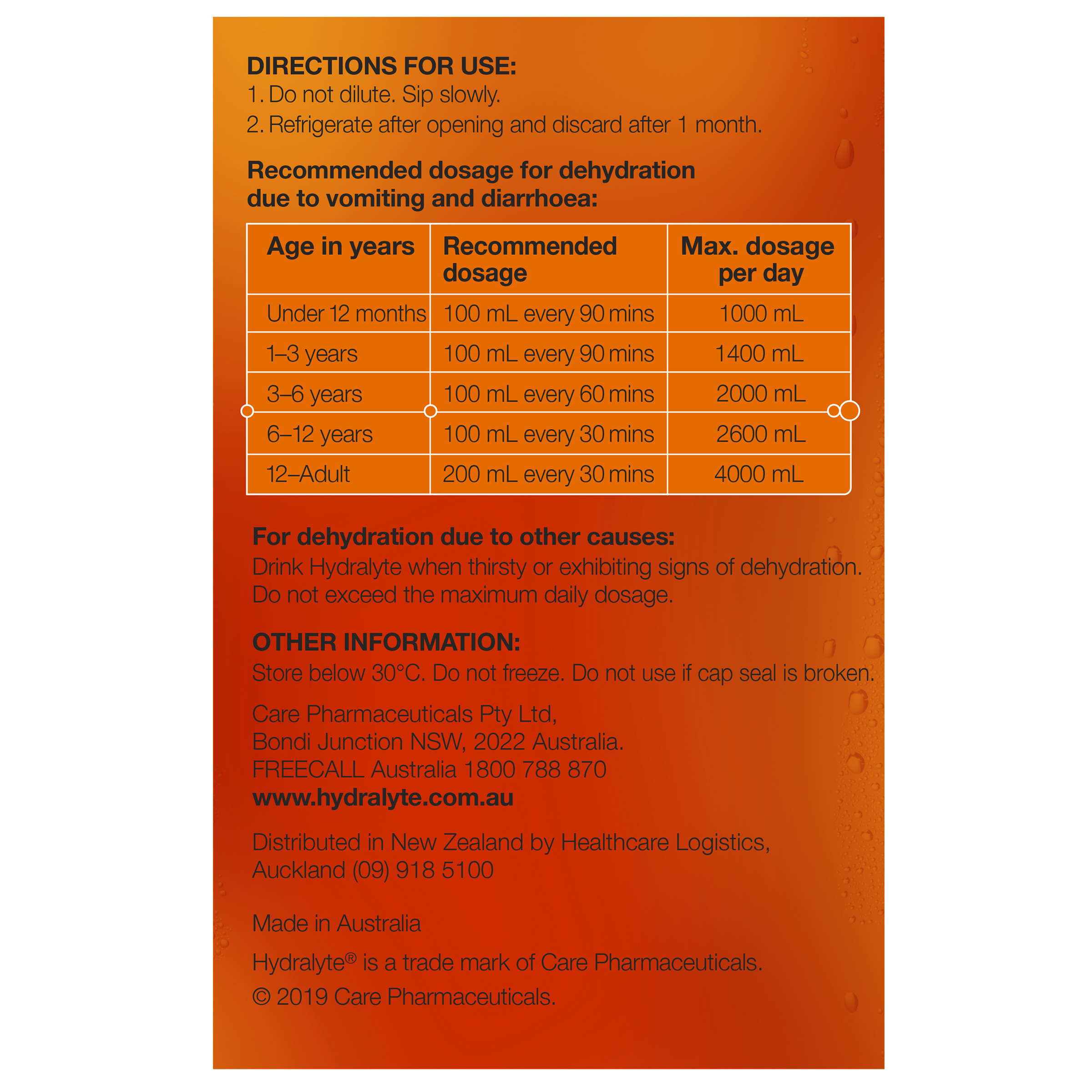 HYDRALYTE LIQUID ORANGE READY TO DRINK 250ML 4 PACK - Image 3