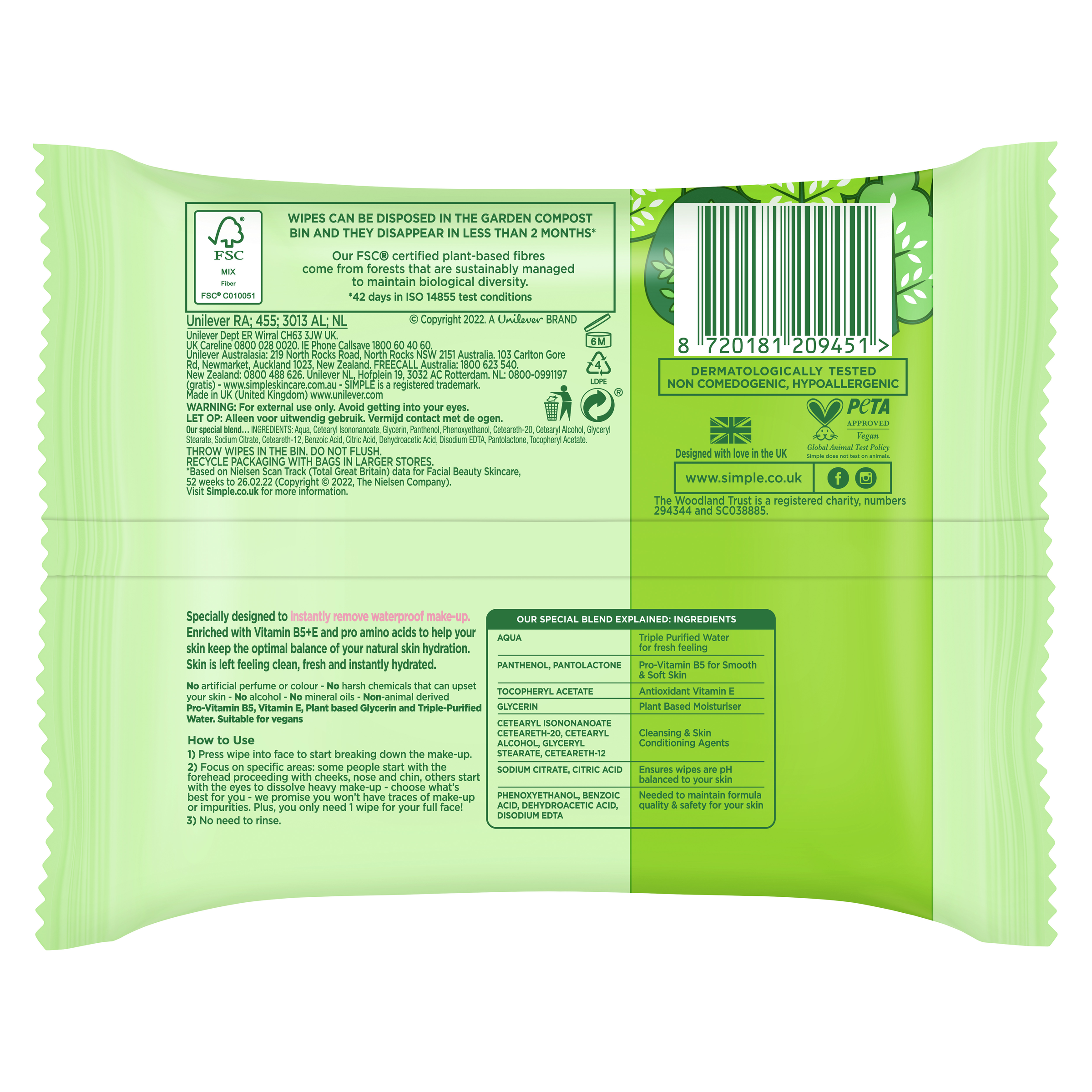 SIMPLE FACE WIPES KIND TO SKIN BIODEGRADABLE 25 TWIN PACK - Image 2