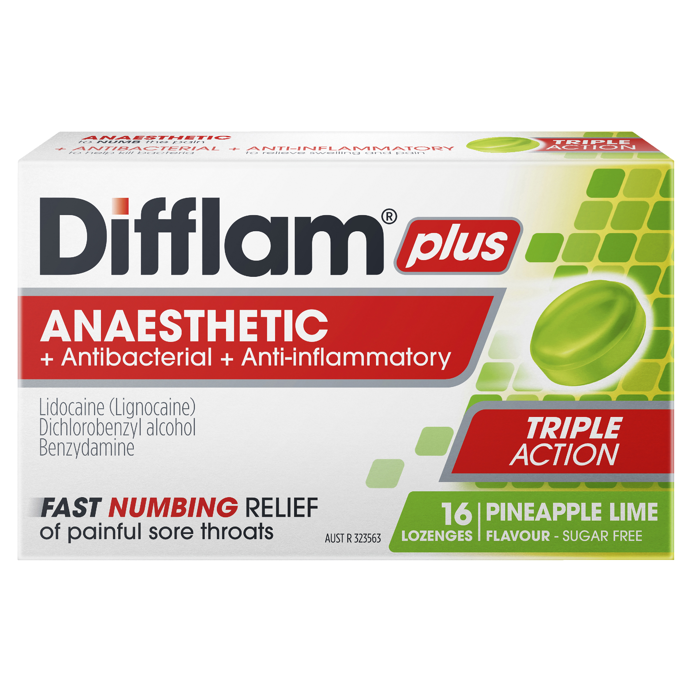 DIFFLAM PLUS ANAESTHETIC PINEAPPLE LIME THROAT 16 LOZENGES - Image 2