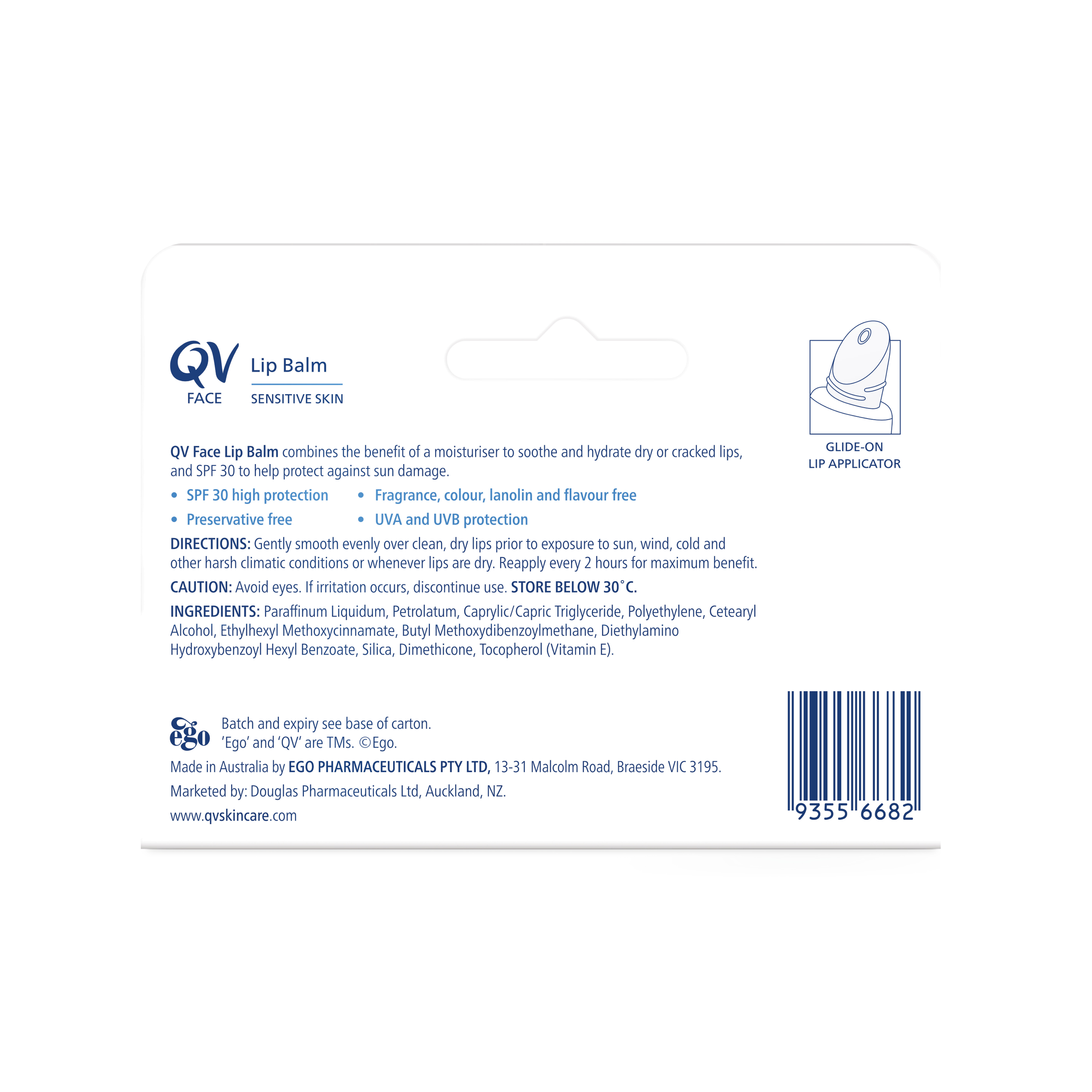 EGO QV LIP BALM TUBE MOISTURISING SPF30+ 15G - Image 2
