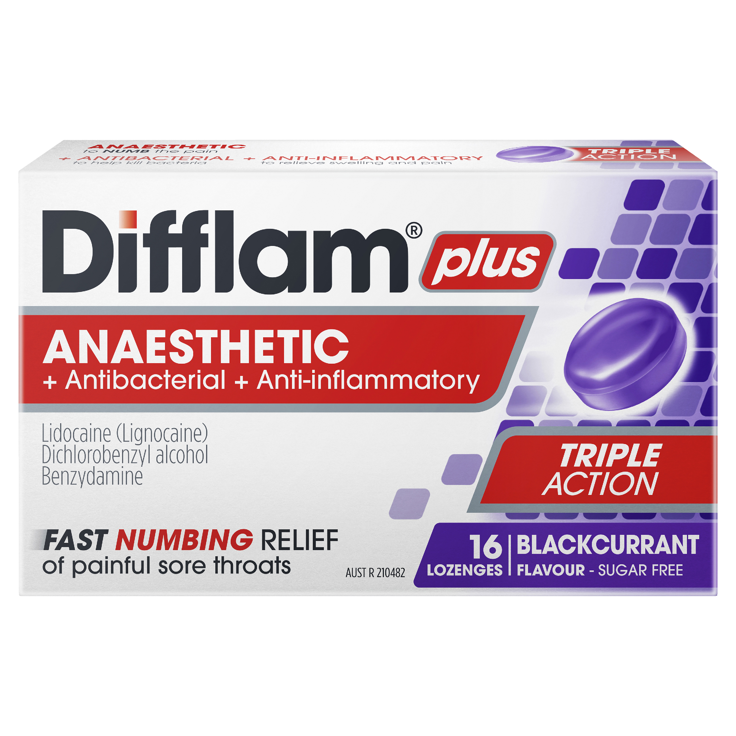 DIFFLAM PLUS ANAESTHETIC BLACKCURRANT SUGAR FREE 16 LOZENGES - Image 2