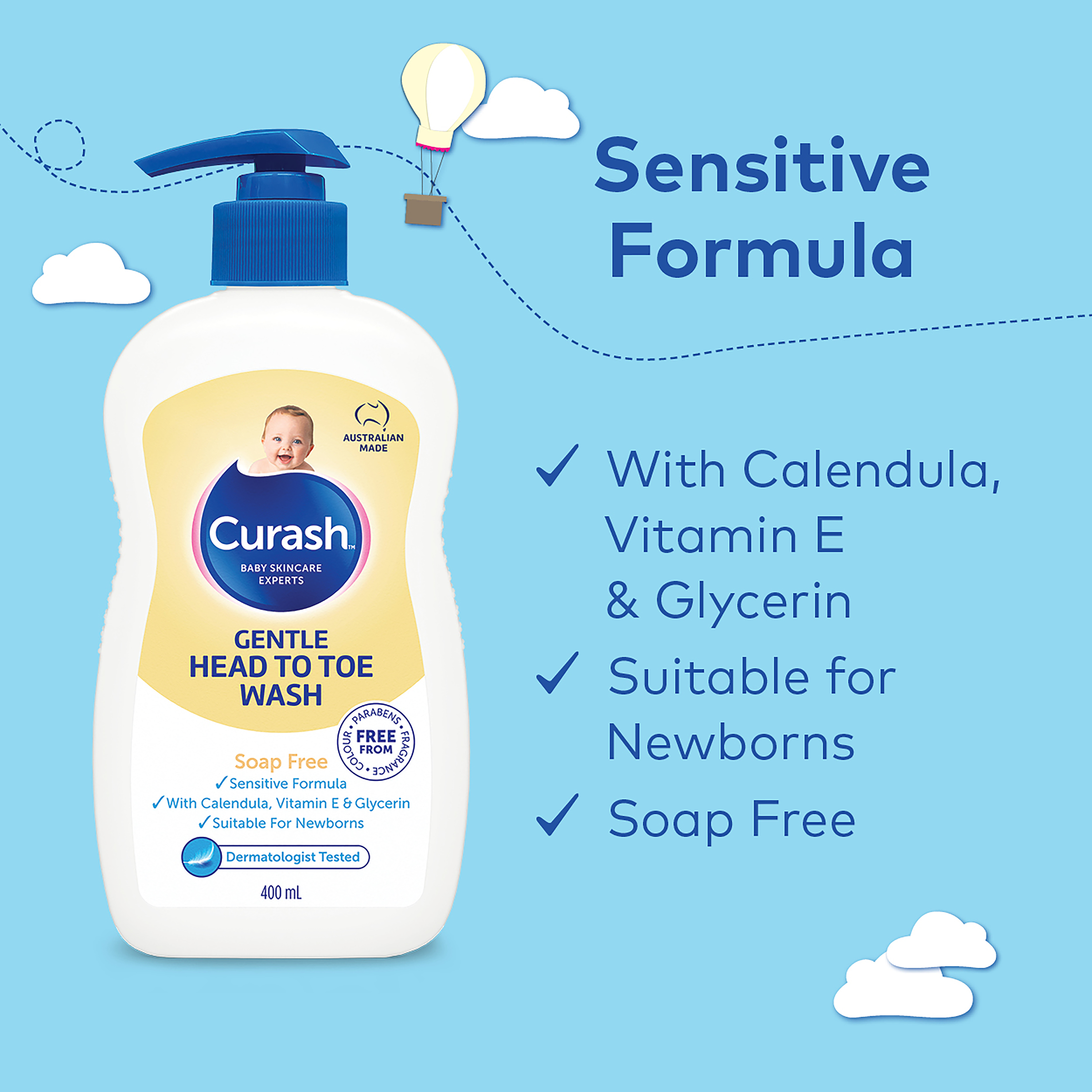 CURASH BABYCARE GENTLE HEAD TO TOE WASH SOAP FREE PUMP 400ML - Image 4