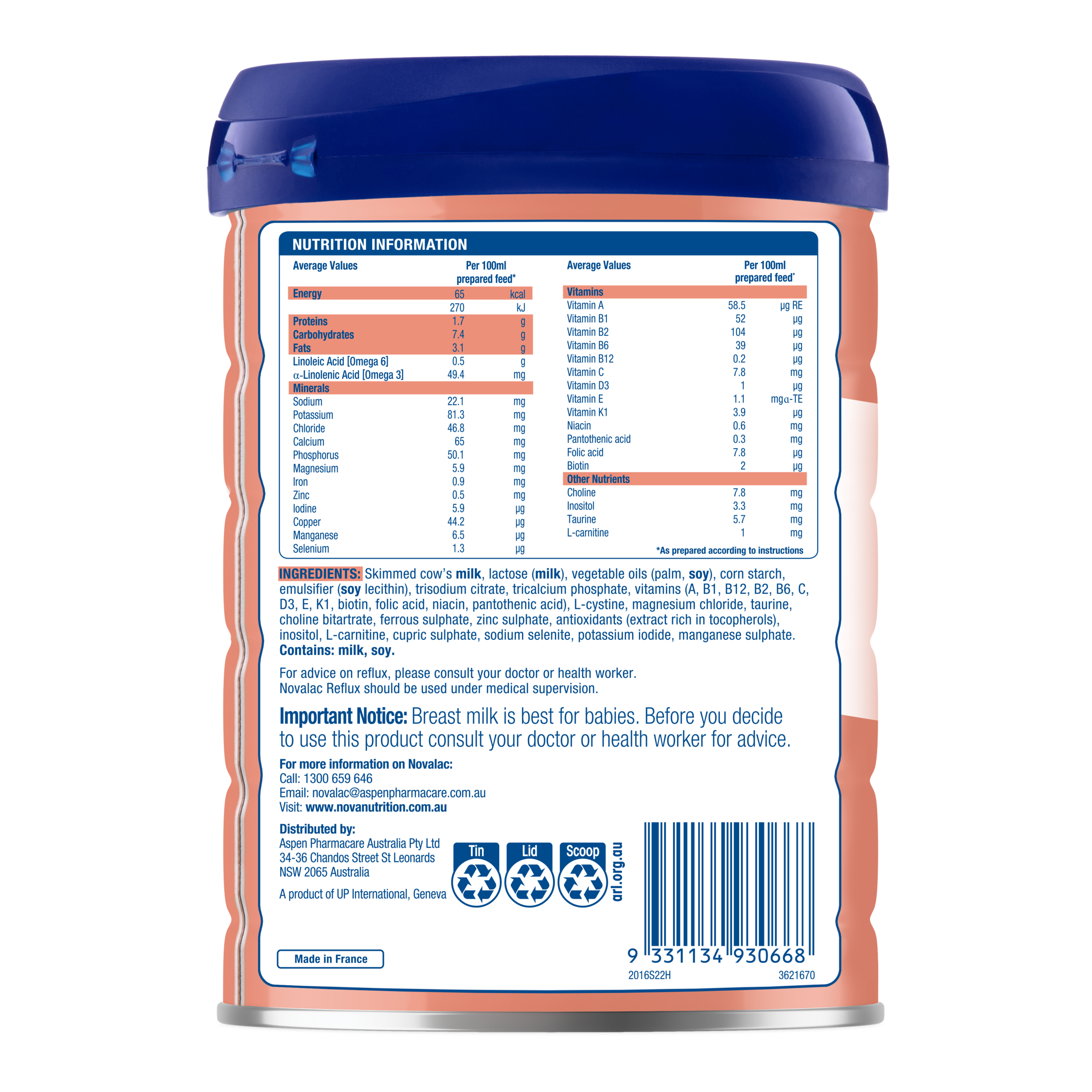 NOVALAC REFLUX INFANT FORMULA 800G - Image 2