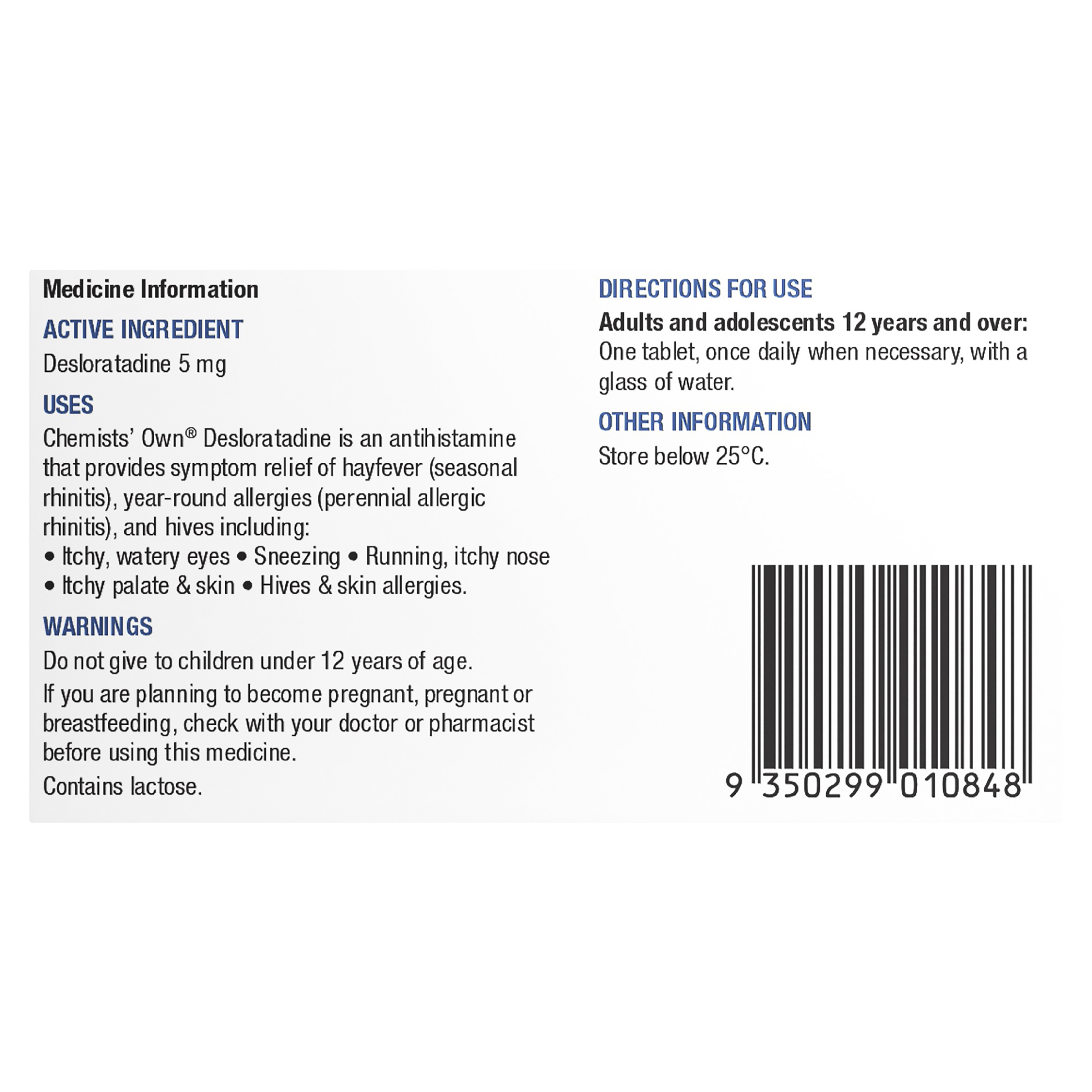 CHEMISTS OWN DESLORATADINE ALLERGY & HAYFEVER 20 TABLETS - Image 3