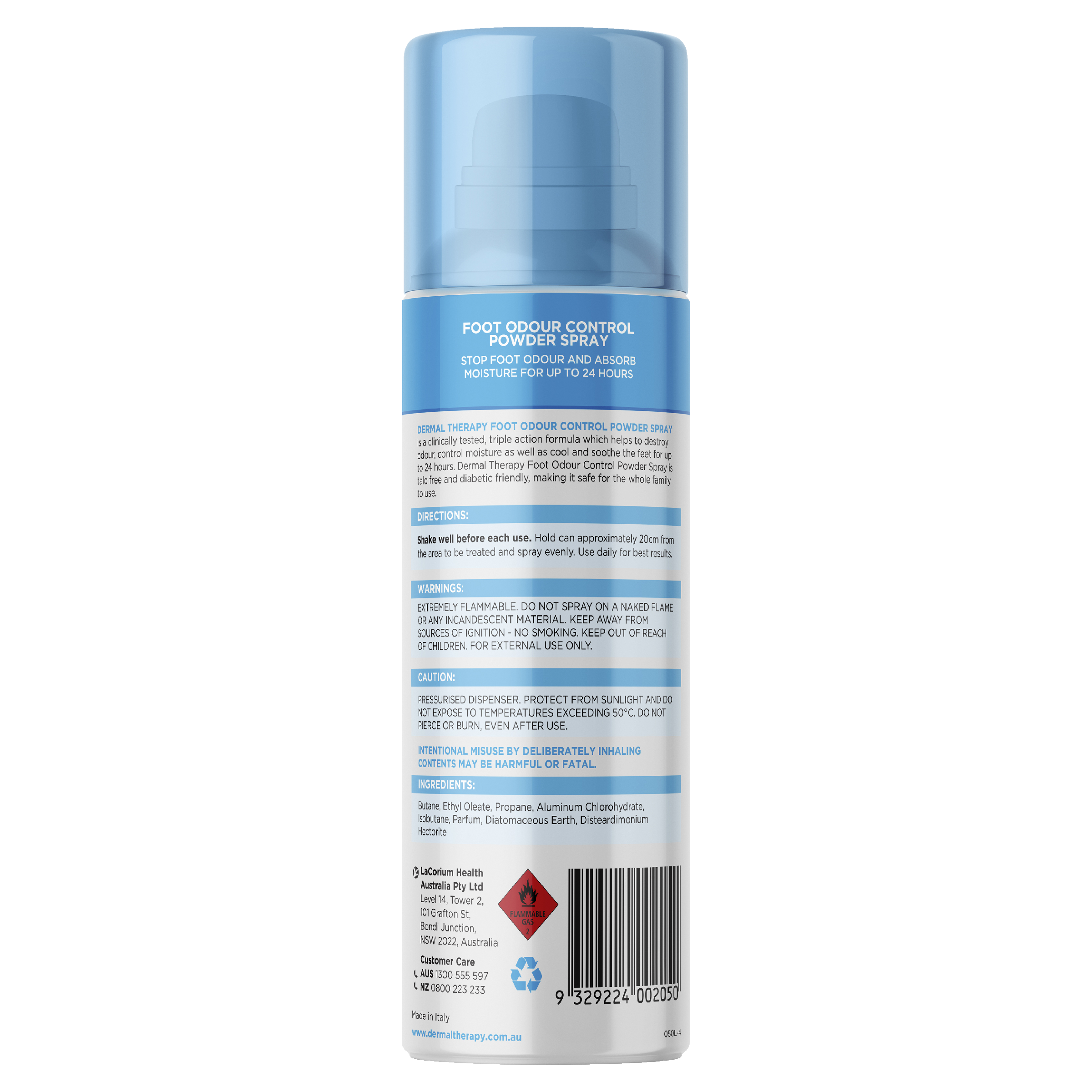 DERMAL THERAPY FOOT ODOUR CONTROL POWDER SPRAY 210ML - Image 2