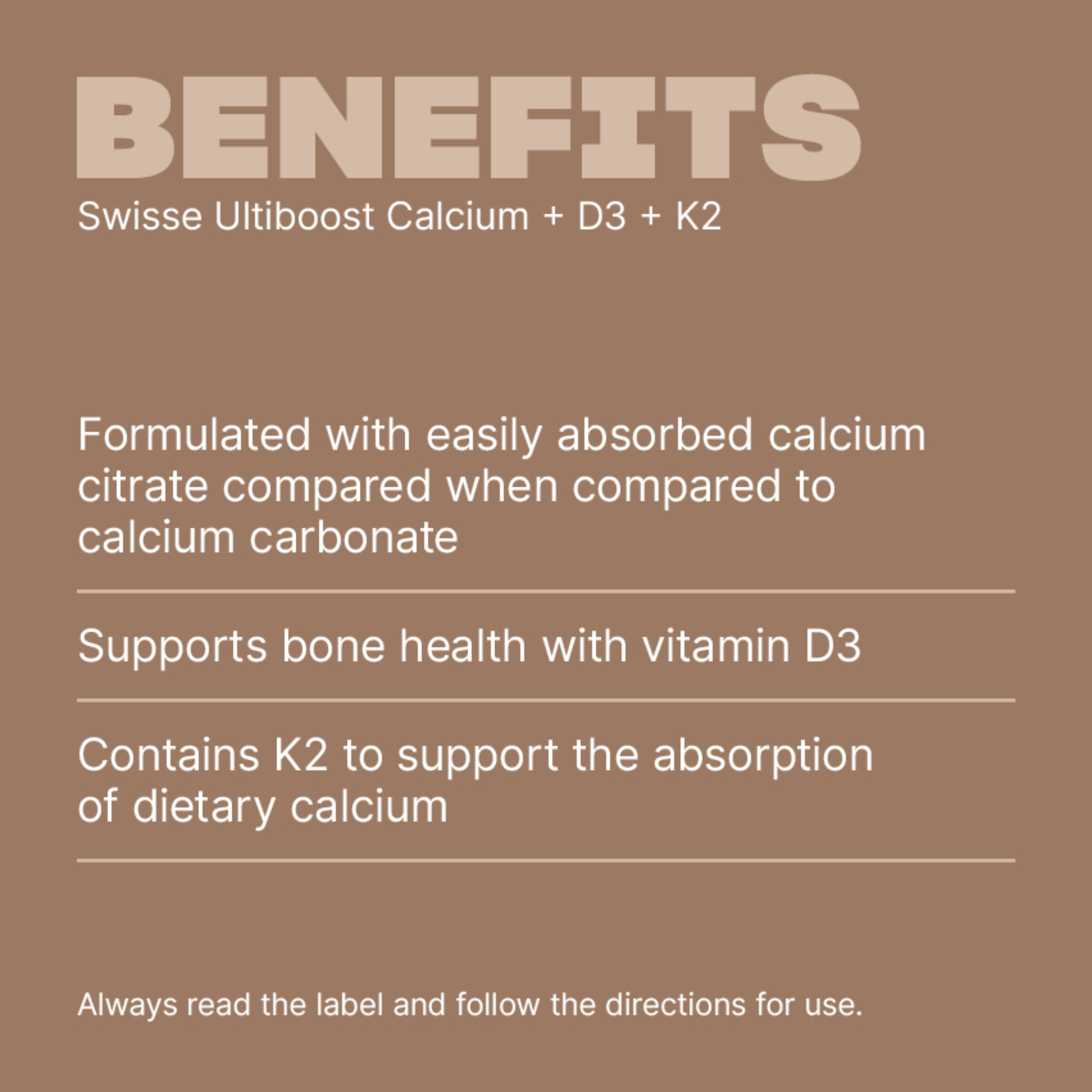 SWISSE ULTIBOOST CALCIUM + D3 + K2 60 TABLETS - Image 3