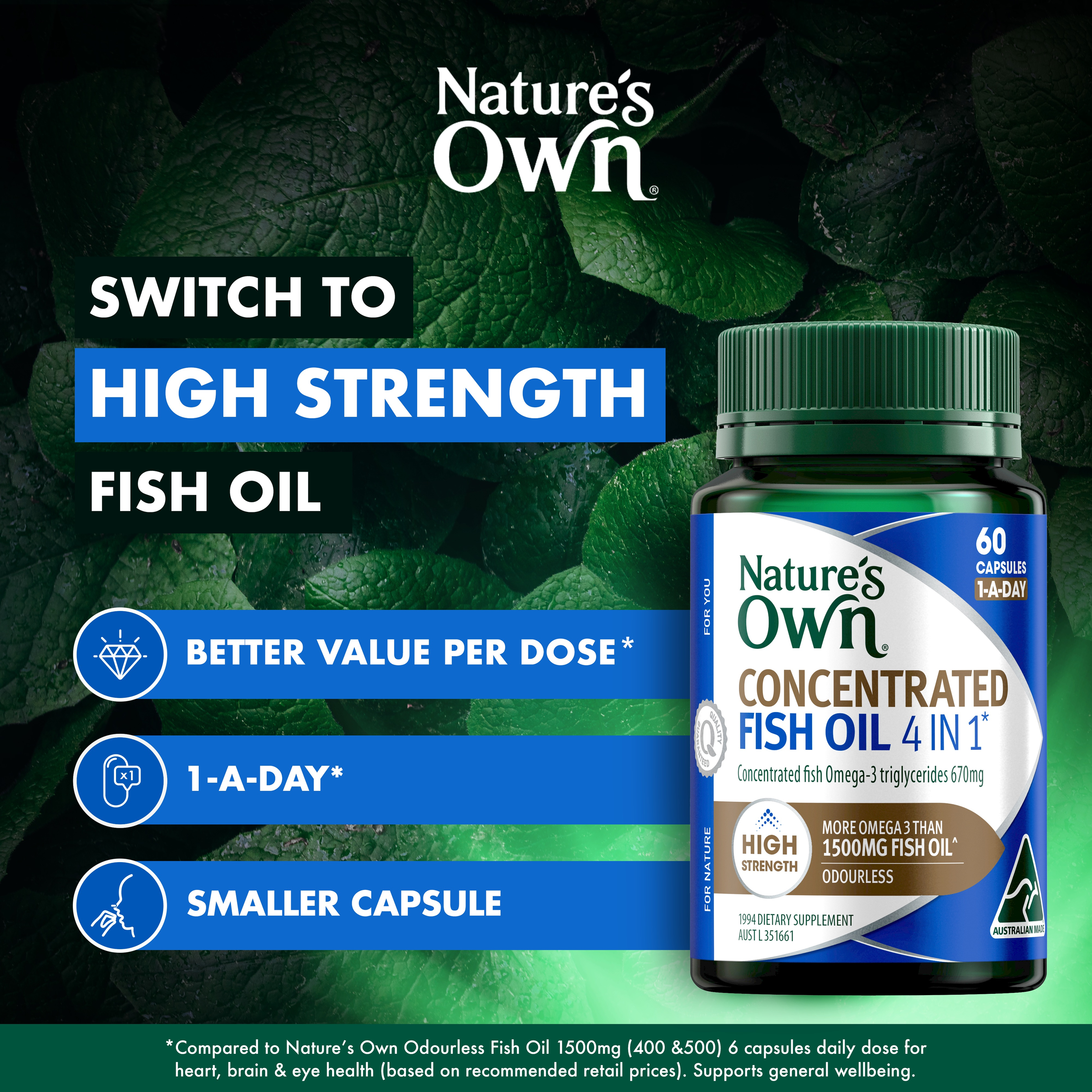 NATURES OWN CONCENTRATED FISH OIL 4 IN 1 60 CAPSULES - Image 6
