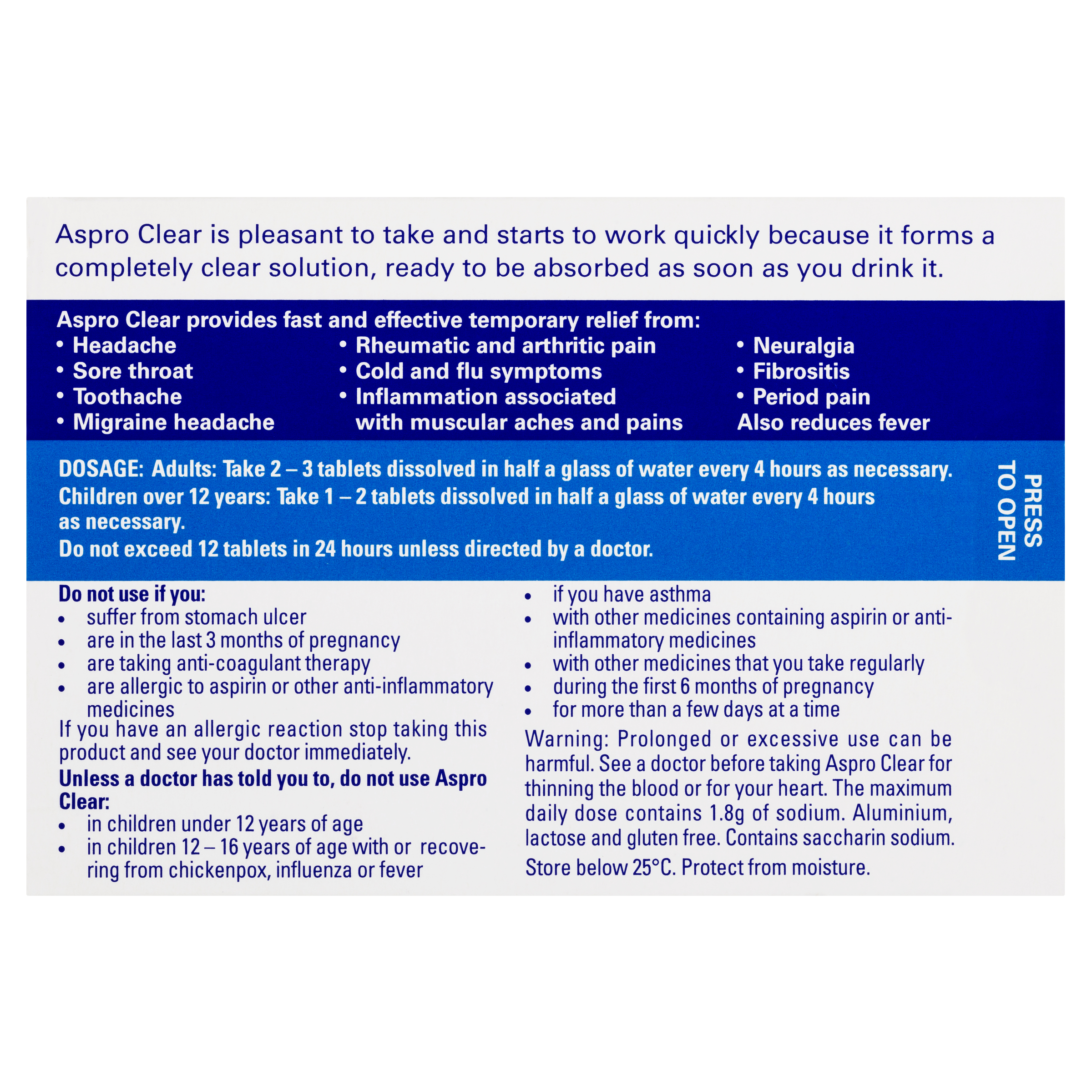 ASPRO CLEAR ASPIRIN 300MG 24 EFFERVESCENT TABLETS - Image 4