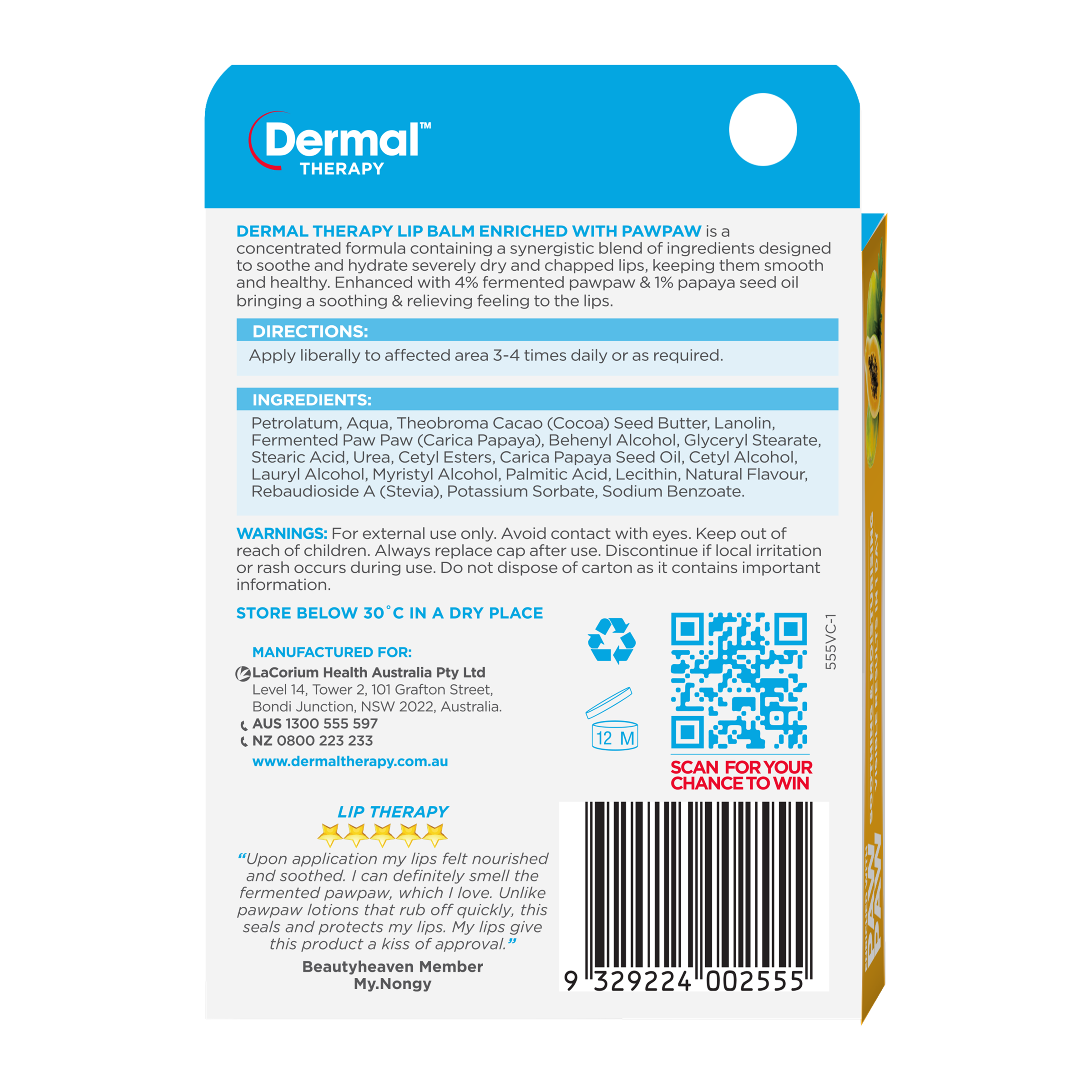 DERMAL THERAPY LIP BALM TUBE PAW PAW 10G - Image 4