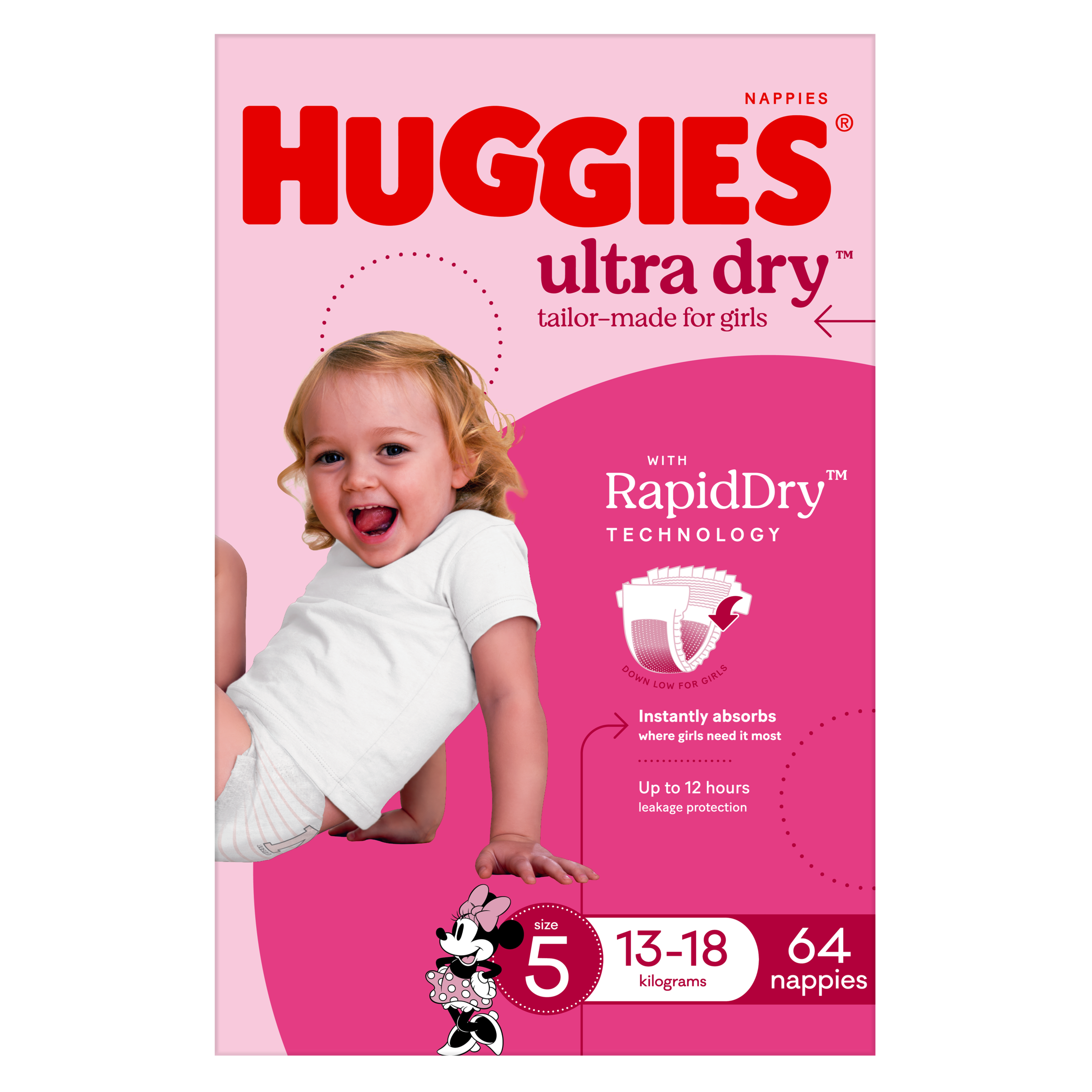 HUGGIES JUMBO ULTRADRY NAPPIES WALKER GIRL 64 PACK - Image 2