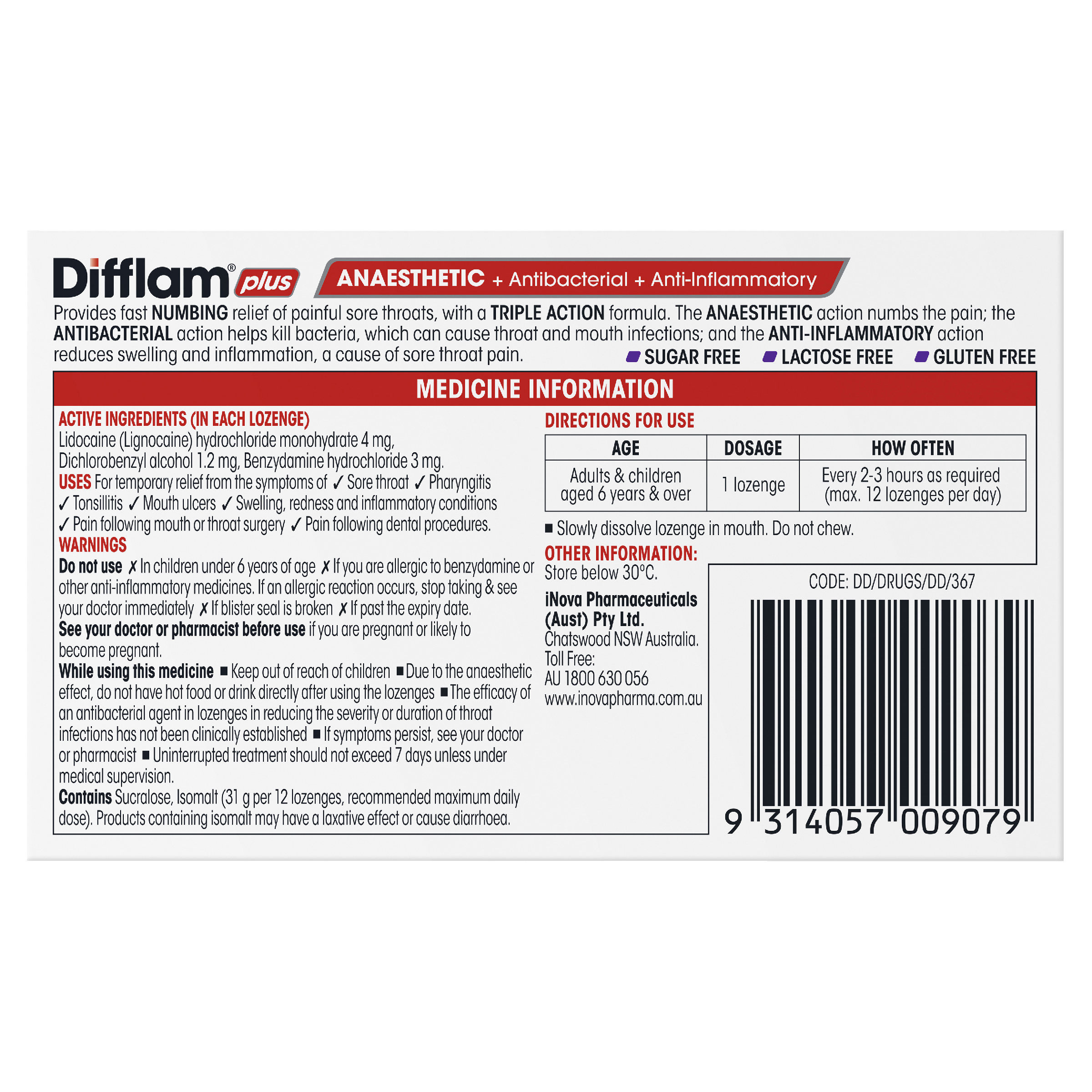 DIFFLAM PLUS ANAESTHETIC BLACKCURRANT SUGAR FREE 16 LOZENGES - Image 4