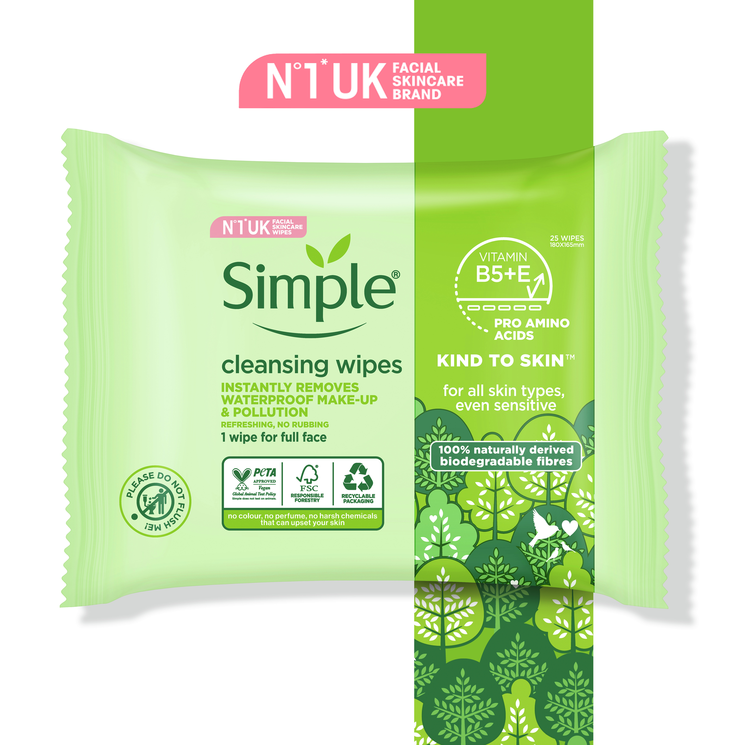 SIMPLE FACE WIPES KIND TO SKIN BIODEGRADABLE 25 TWIN PACK - Image 6