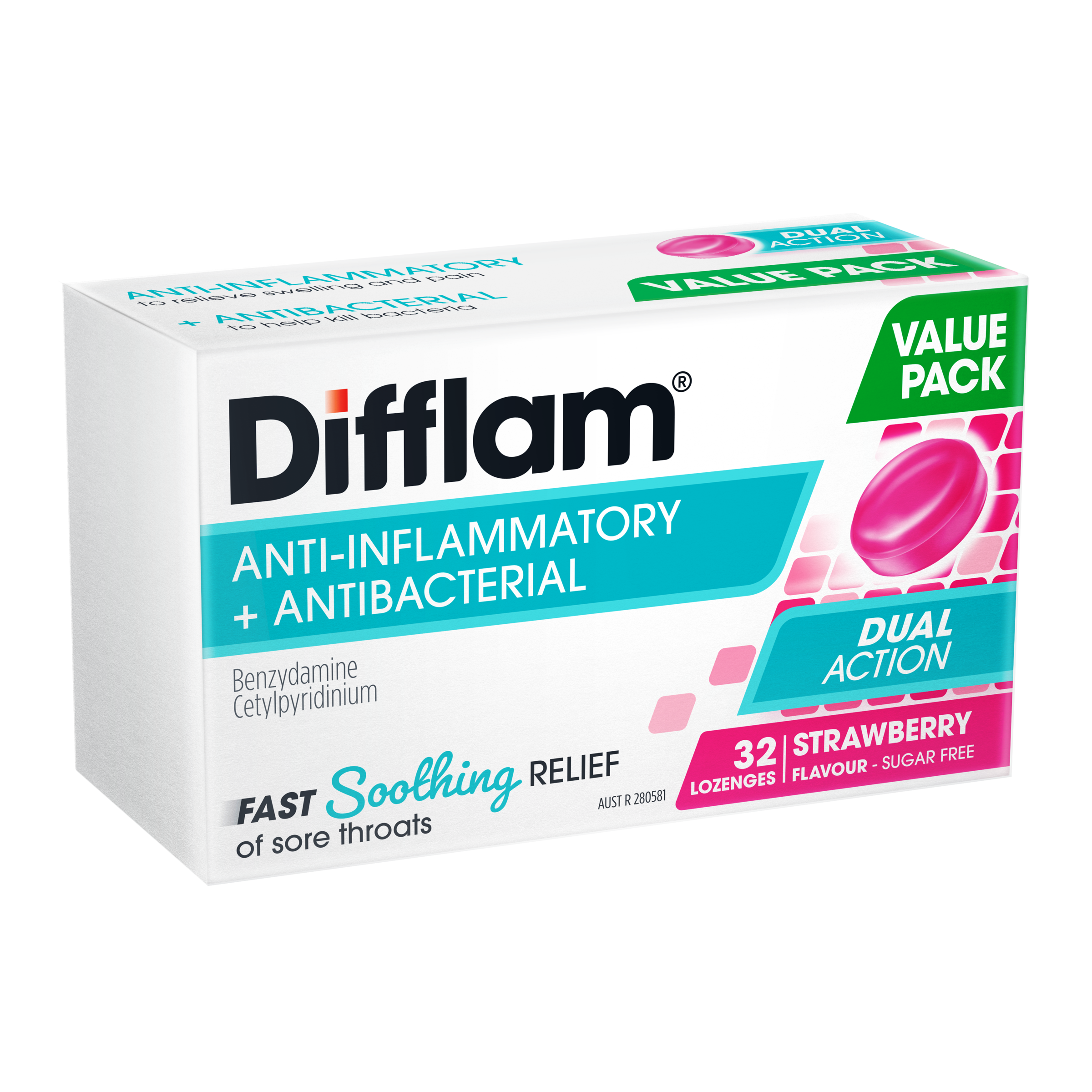 Difflam Dual Action Strawberry 32 Lozenges - Image 2