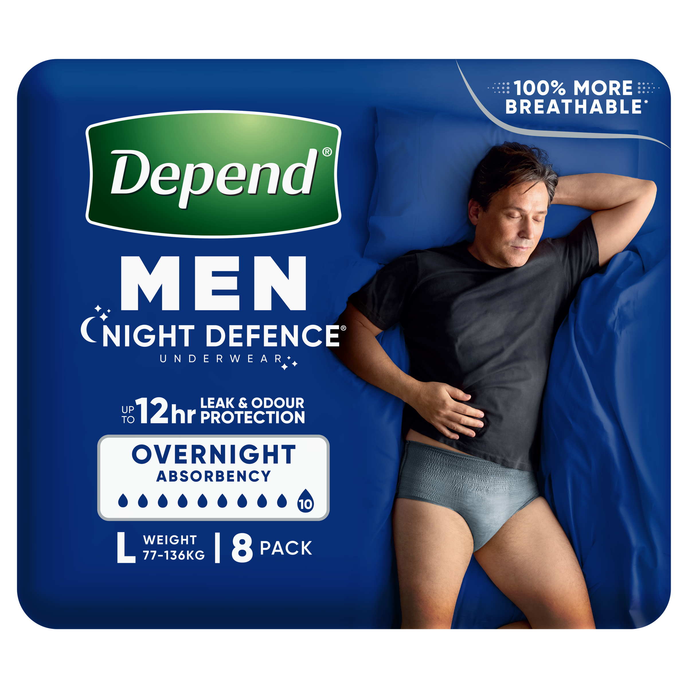 Depend Men Advanced Protection Night Defence Underwear 10D Large 8 Pack
