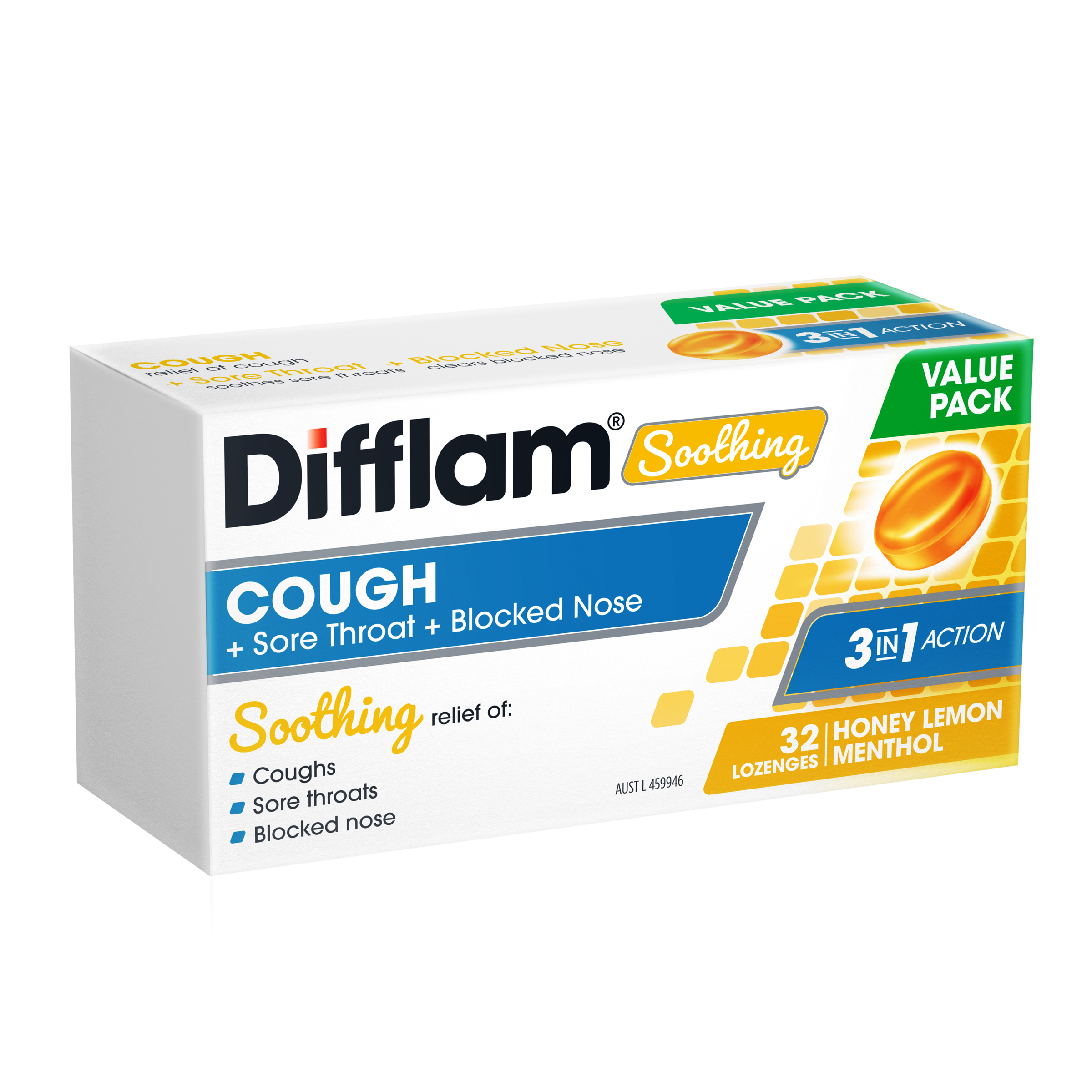 Difflam Soothing 3 In 1 Action Honey & Lemon 32 Lozenges